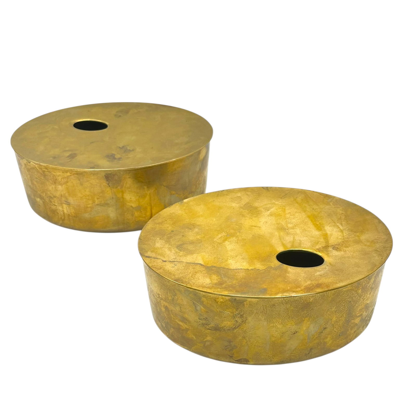 (Lot of) 2 Georg Jensen Brass Bowls, by Ilse Crawford: (Lot of) 2 brass lidded vessels, marked underneath "Georg Jensen, Denmark", designed by Ilse Crawford.