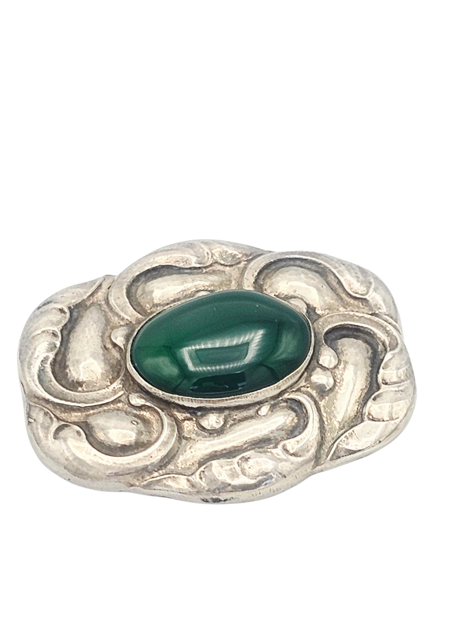 Agate, Sterling Silver Brooch, No. 61, Georg Jensen: Centering an oval green agate cabochon set in a sterling silver pin mounting measuring approximately 1.95 x 1.67 inches. Marked: Georg Jensen within beaded oval, Sterling, Denmark, 61.' Gross