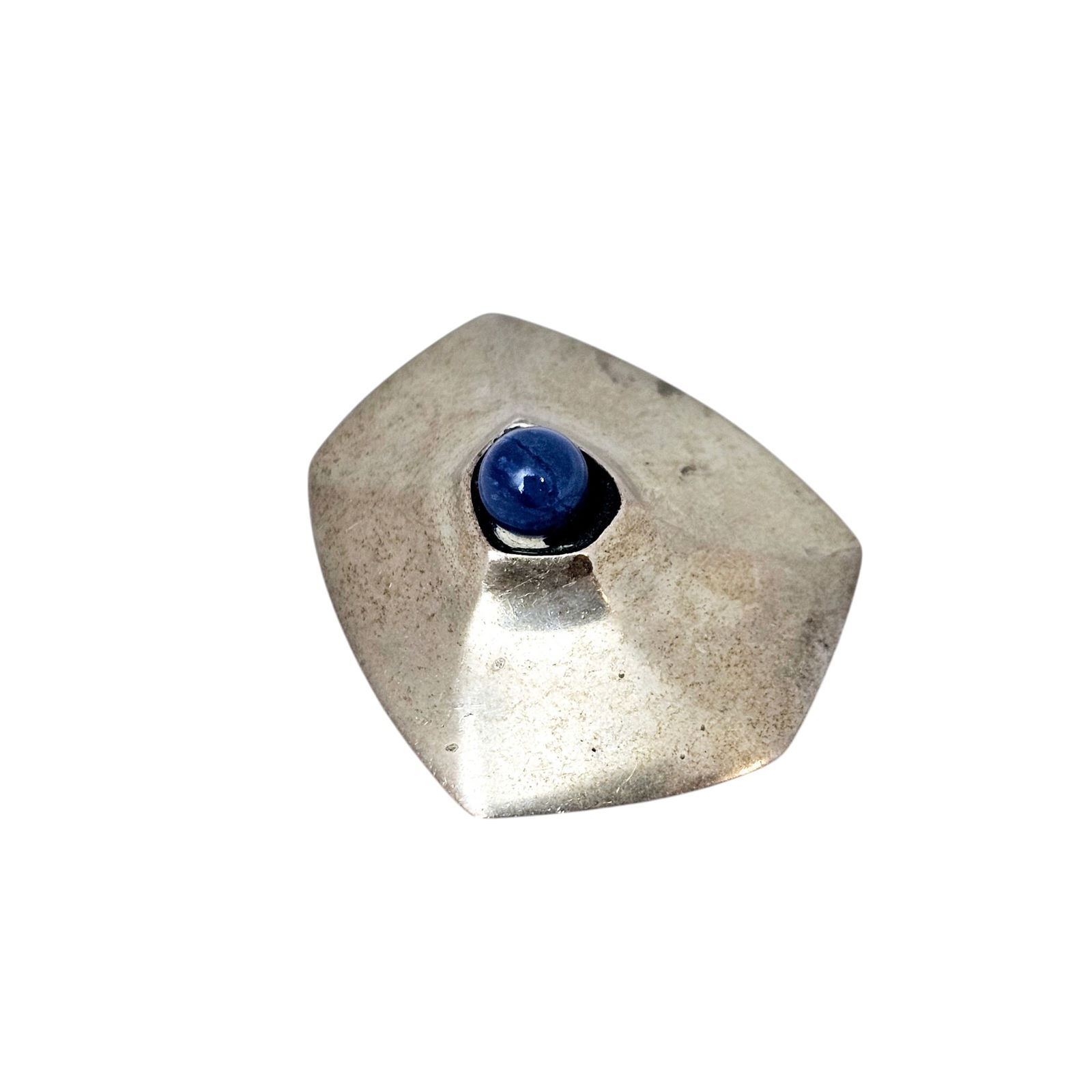 Modernist Sodalite, Sterling Silver Pin, Ronald Pearson: The abstract-shape pin centering a round sodalite bead, set in a sterling silver mounting measuring approximately 1.60 x 1.25 inches. Marked "sterling Pearson." Gross weight: 11.5 grams.
