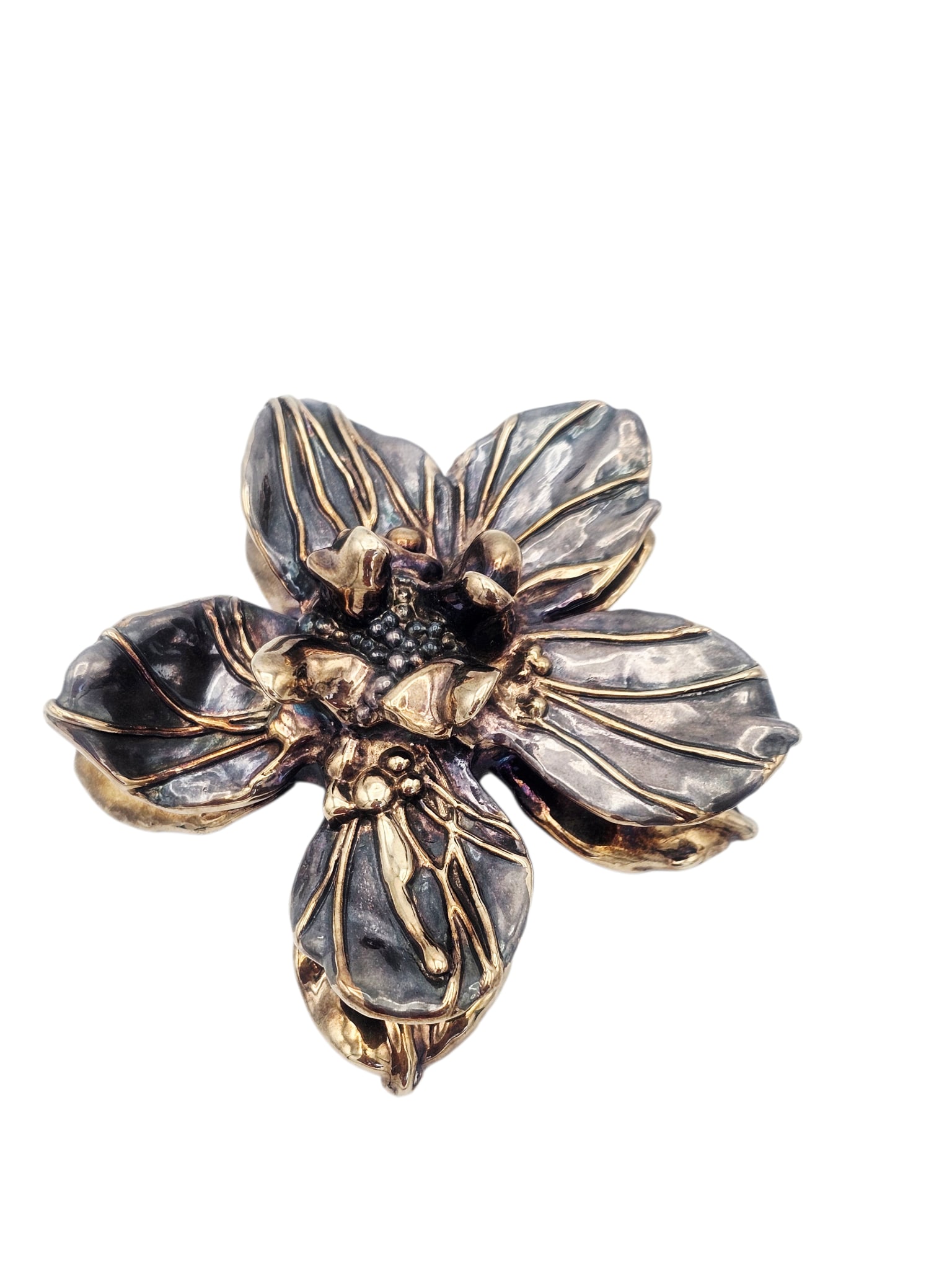 Sterling Silver Flower Pin Pendant: Designed as a flower with textured petals, set in a sterling silver pin pendant mounting measuring approximately 3.80 x 3.60 inches. Signed 'JE.' Gross weight: 81.1 grams.