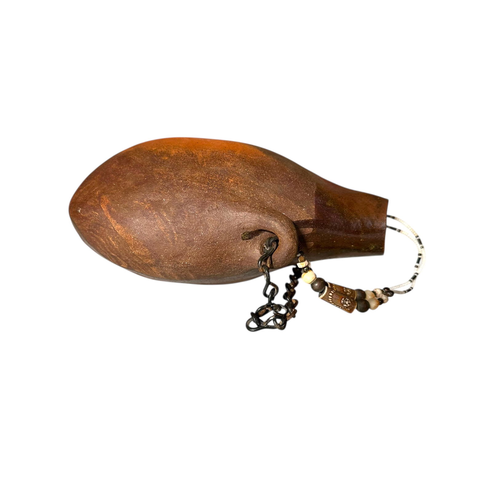 Organic Form Clay Vessel with Beadwork: Organic form clay vessel (gourd shaped) with beadwork and added chain detail.