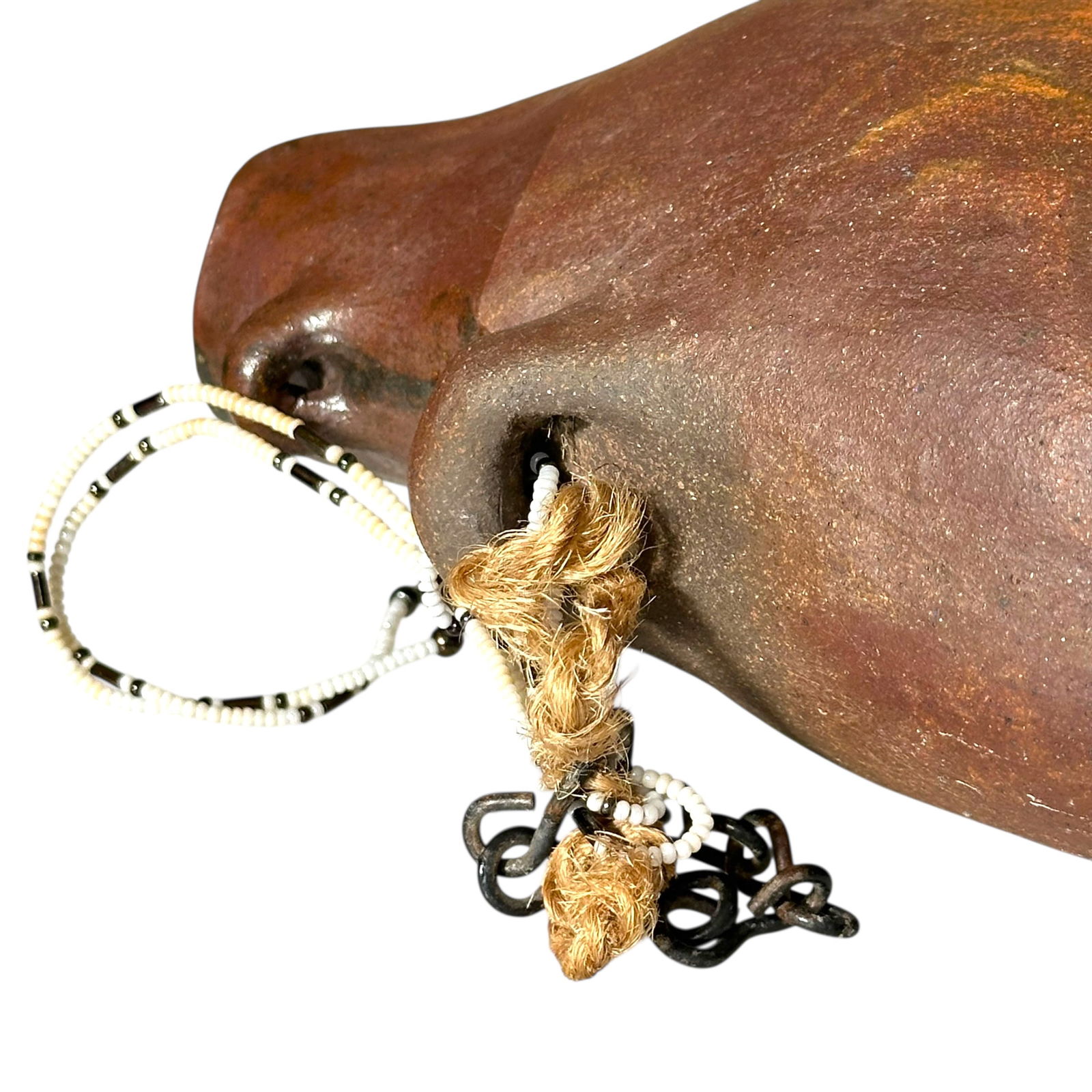 Organic Form Clay Vessel with Beadwork - 2