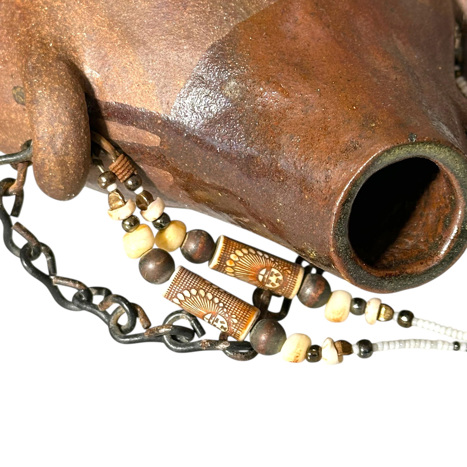 Organic Form Clay Vessel with Beadwork - 3