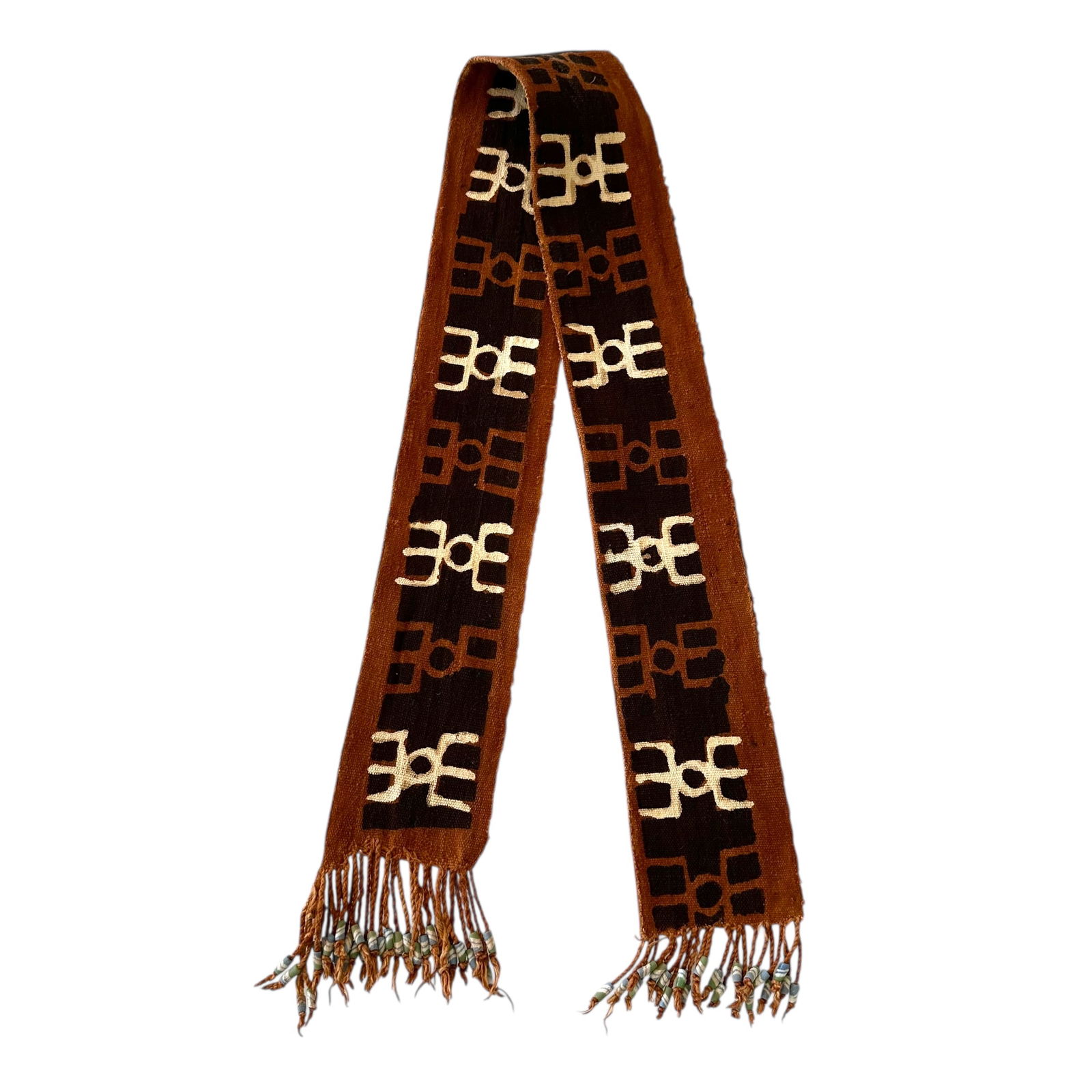 Kuba Style Raffia Textile: Kuba style raffia textile with fringe and bead detail.