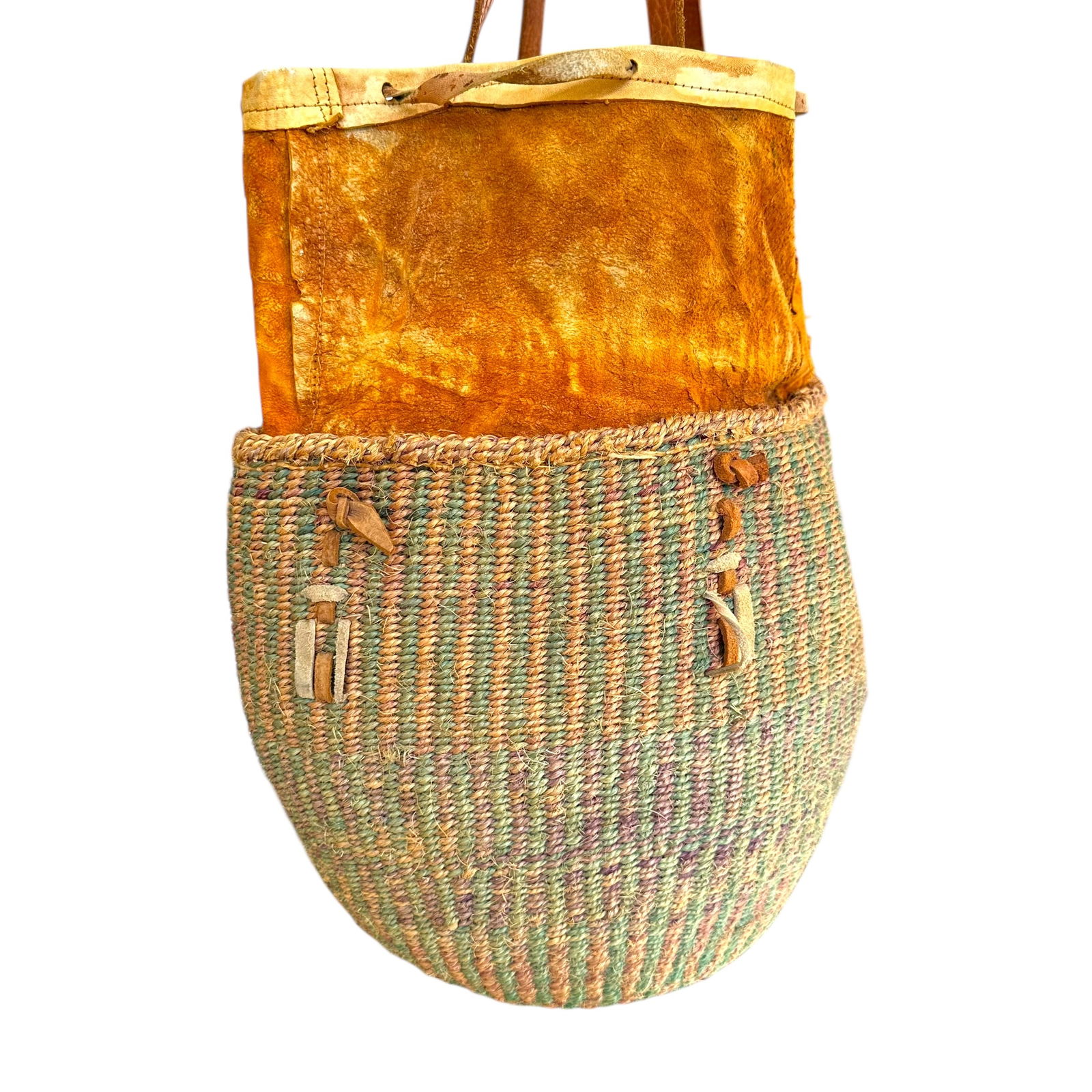 Kenyan Kiondo Sisal and Suede Handbag: Kenyan Kiondo artisan sisal and suede basket/handbag.