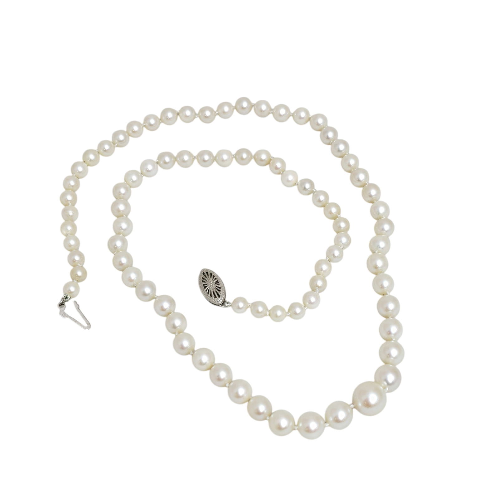 Graduated Cultured Pearl, 14k White Gold Necklace: Composed of seventy-eight round cultured pearls measuring from approximately 8.0 to 4.5 mm, completed by a 14k white gold hook and box clasp forming a 19 inch necklace. Gross weight: 19.7