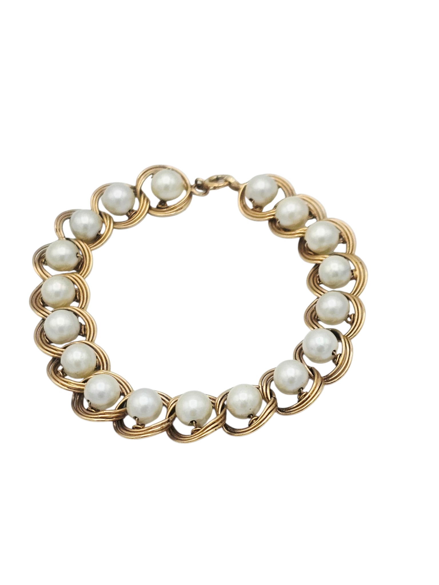 14k Yellow Gold, Pearl Link Bracelet: 14k yellow gold, round link bracelet with a pearl in each link.