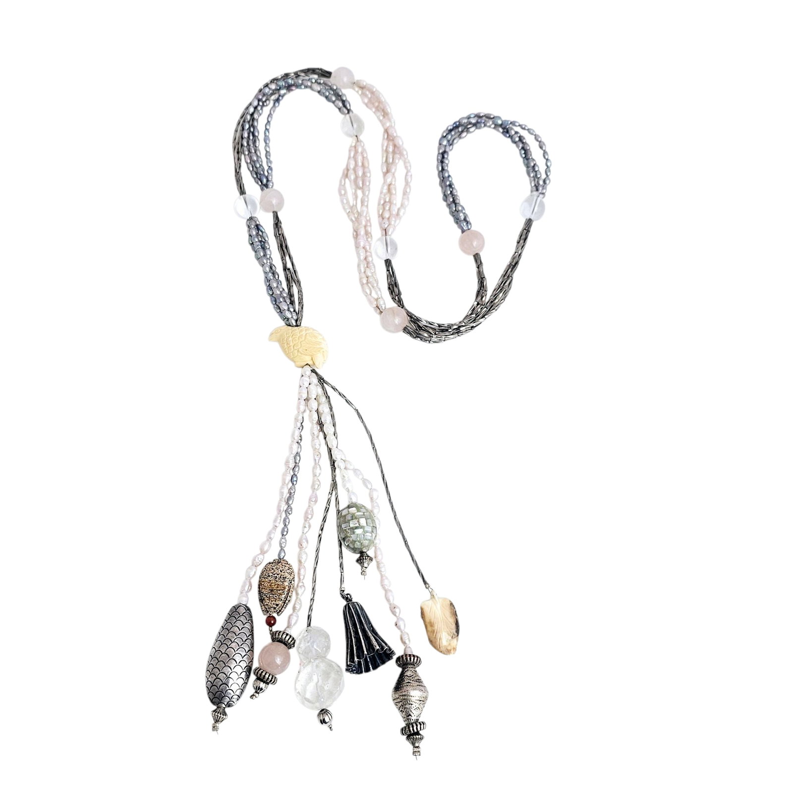 Multi-Stone, Freshwater Pearl, Sterling Silver Necklace: Featuring multiple strands of freshwater cultured pearls and tube-shaped silver beads accented by round rose quartz and quartz beads, each measuring approximately 11.7 to 12.5 mm, joined to a tagua