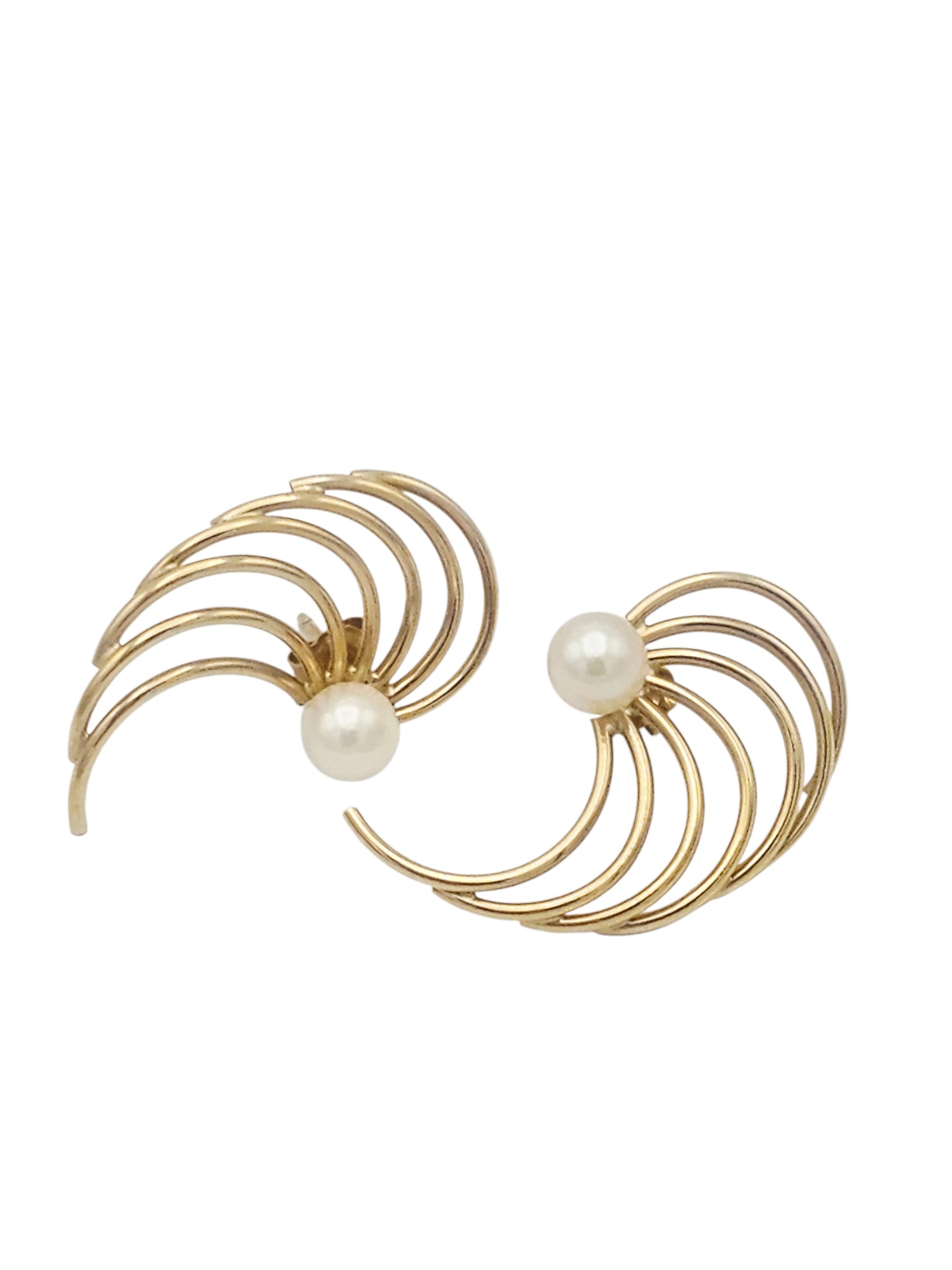 14k Yellow Gold, Pearl Earrings: 14k yellow gold and pearl post earrings, in a fan shaped design.