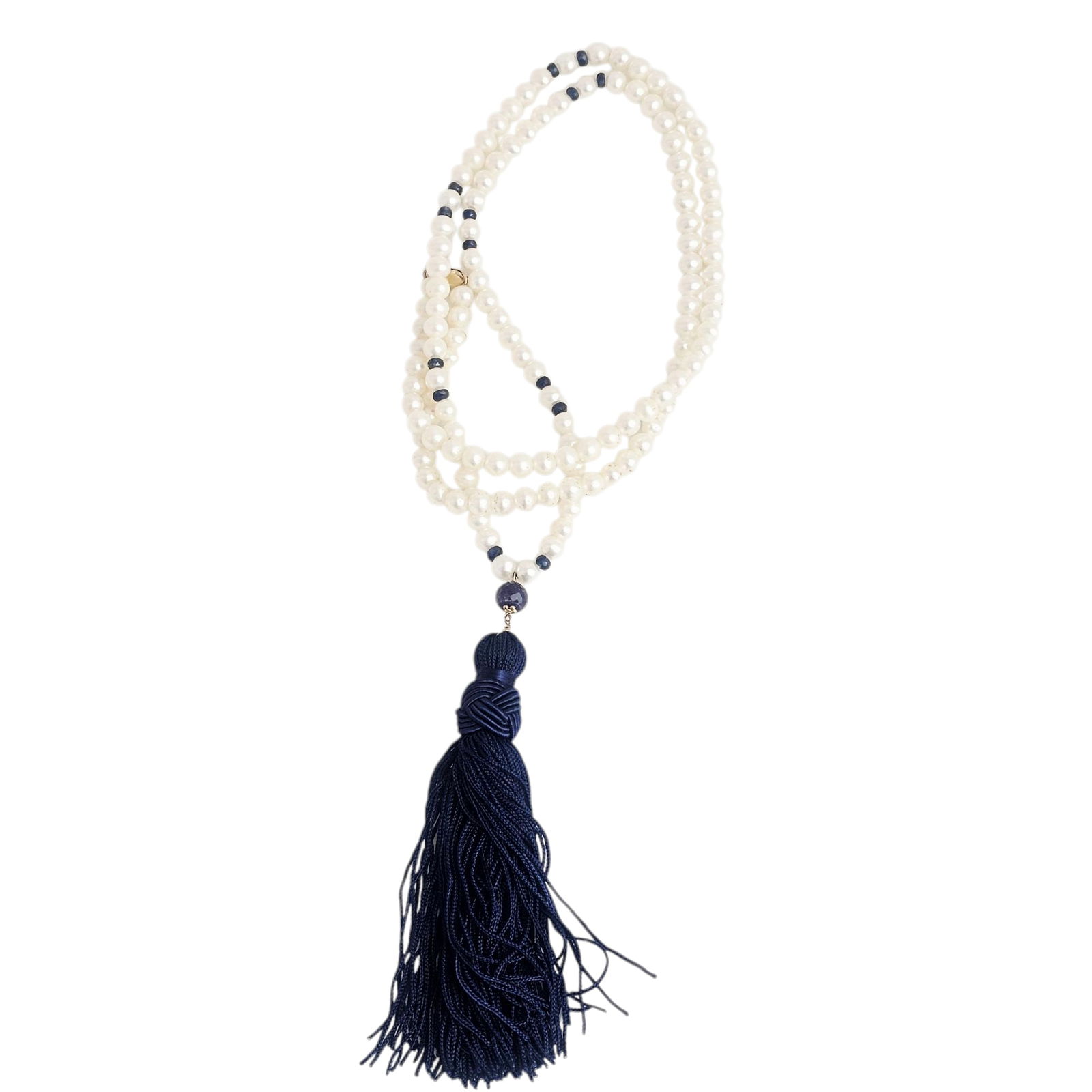 Freshwater Cultured Pearl, Sapphire, 14k Necklace: Composed of one hundred thirty freshwater cultured pearls, each measuring approximately 6.3 mm, accented by fifteen sapphire beads, suspending a fiber tassel and completed by a 14k yellow gold