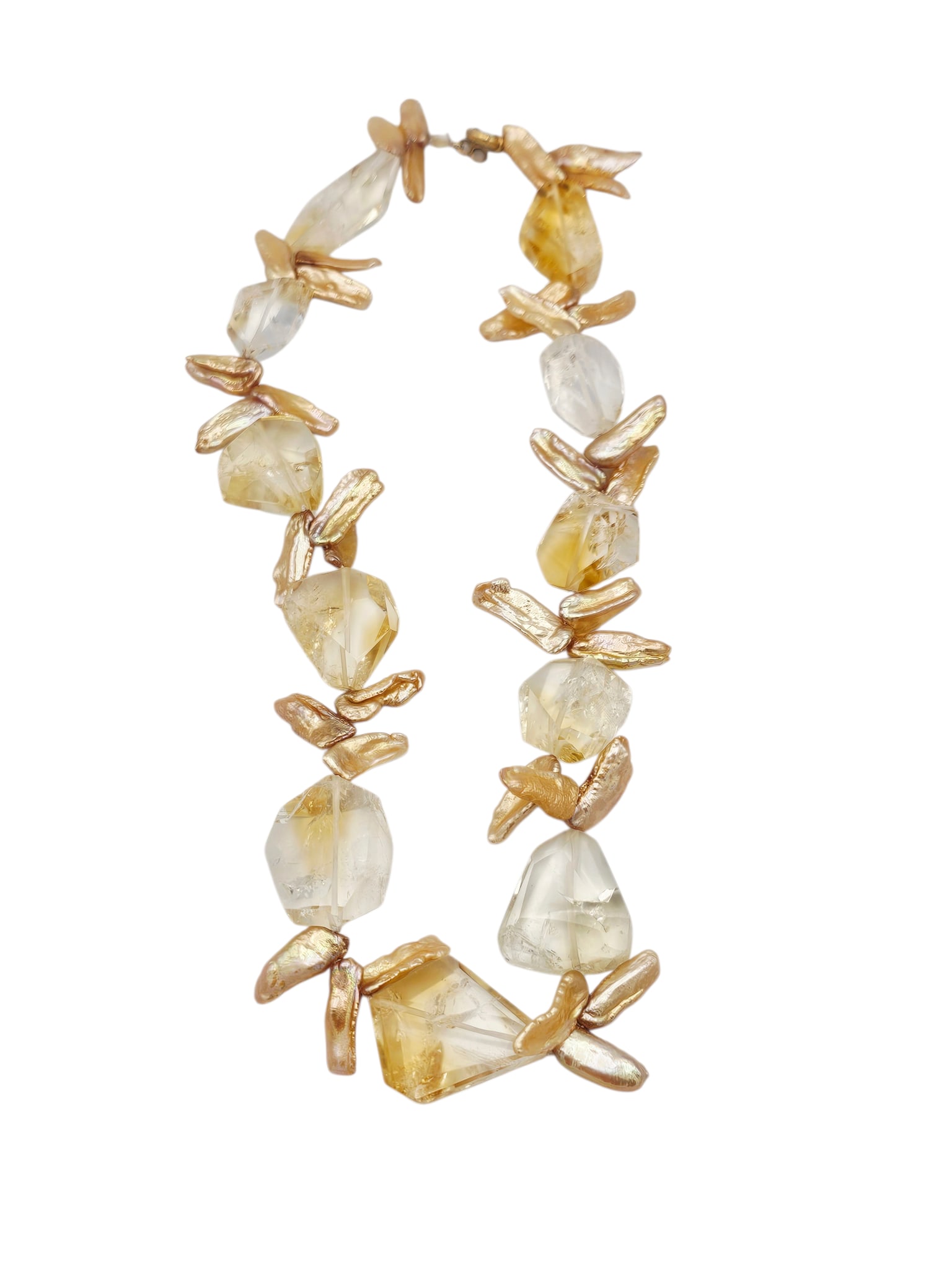 Citrine, Keshi Pearl, 14k Necklace: Featuring eleven abstract-shaped citrine beads measuring from approximately 32.0 x 26.0 mm to 23.0 x 17.5 mm, interspaced by three keshi pearls, completed by a 14k yellow gold spring ring clasp