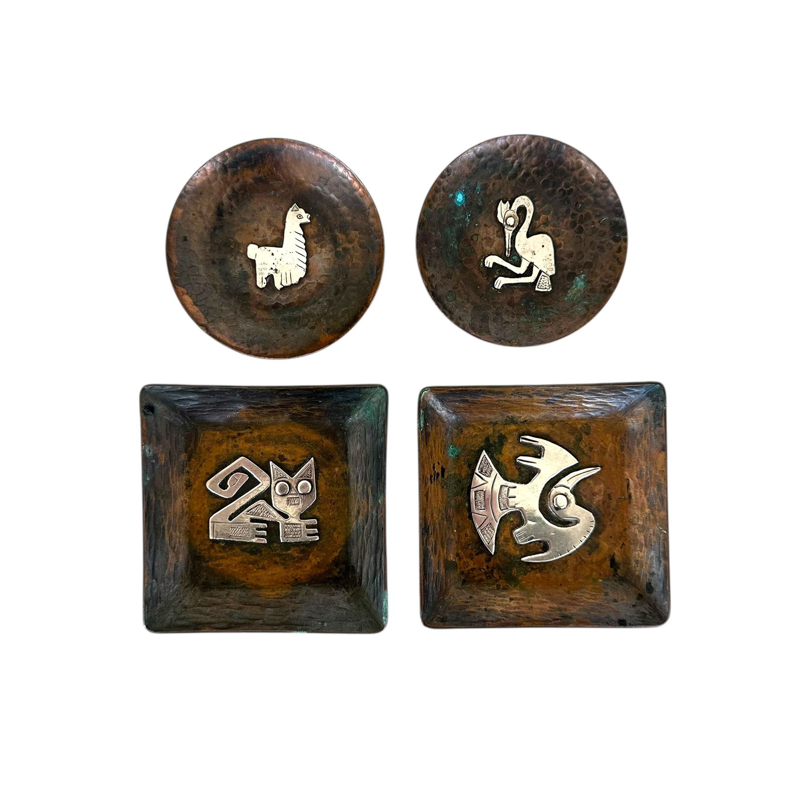 (Lot of) 4 of Peruvian Dishes/Small Trays: (Lot of) 4 vintage Peruvian copper and silver trinket dishes or small trays, two circular and 2 square, each featuring a different animal.