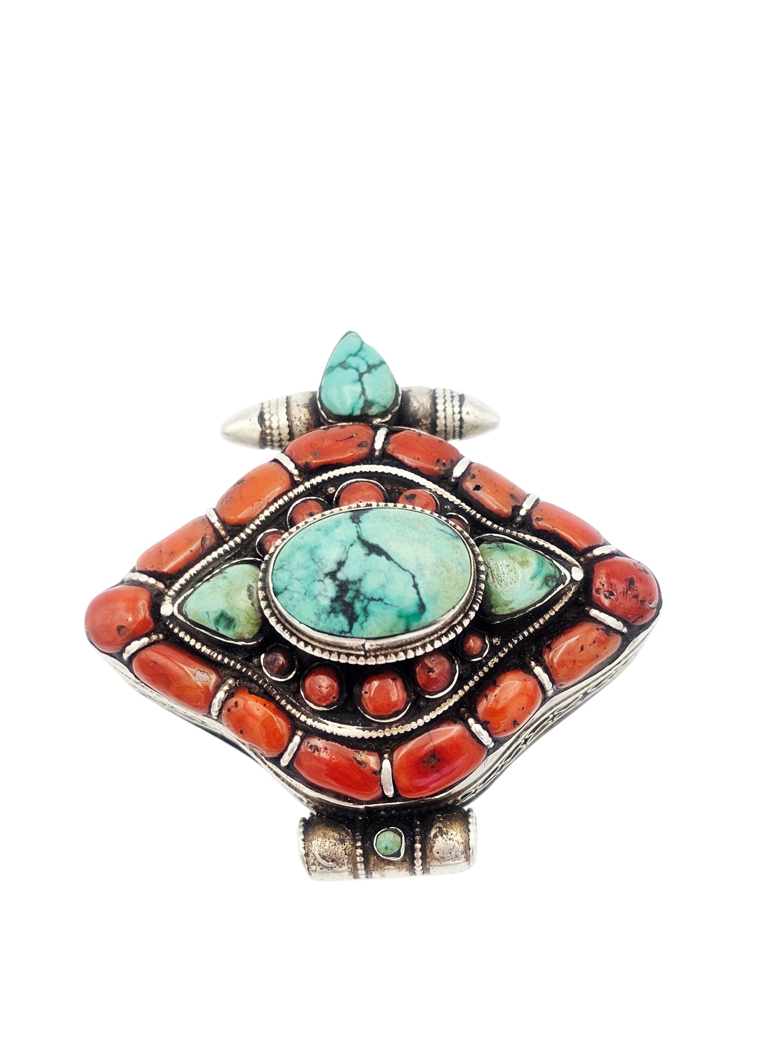 Tibetan Coral, Turquoise Ghau Box Pendant: Featuring five turquoise cabochons accented by round and freeform coral. set in a silver box with removable copper back, all measuring approximately 2.87 x 2.85 x 1.53 inches. Gross weight: