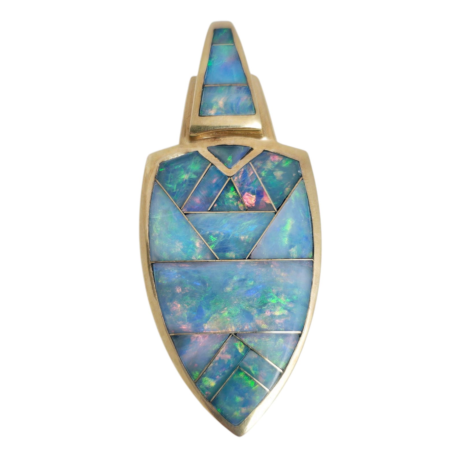 Opal, 14k Yellow Gold Pendant, Thane De Leon: Featuring intarsia inlaid opal set in a 14k yellow gold, shield-shaped pendant mounting measuring approximately 1.85 x 0.80 inches. Etched signature: "Thane De Leon." Gross weight: