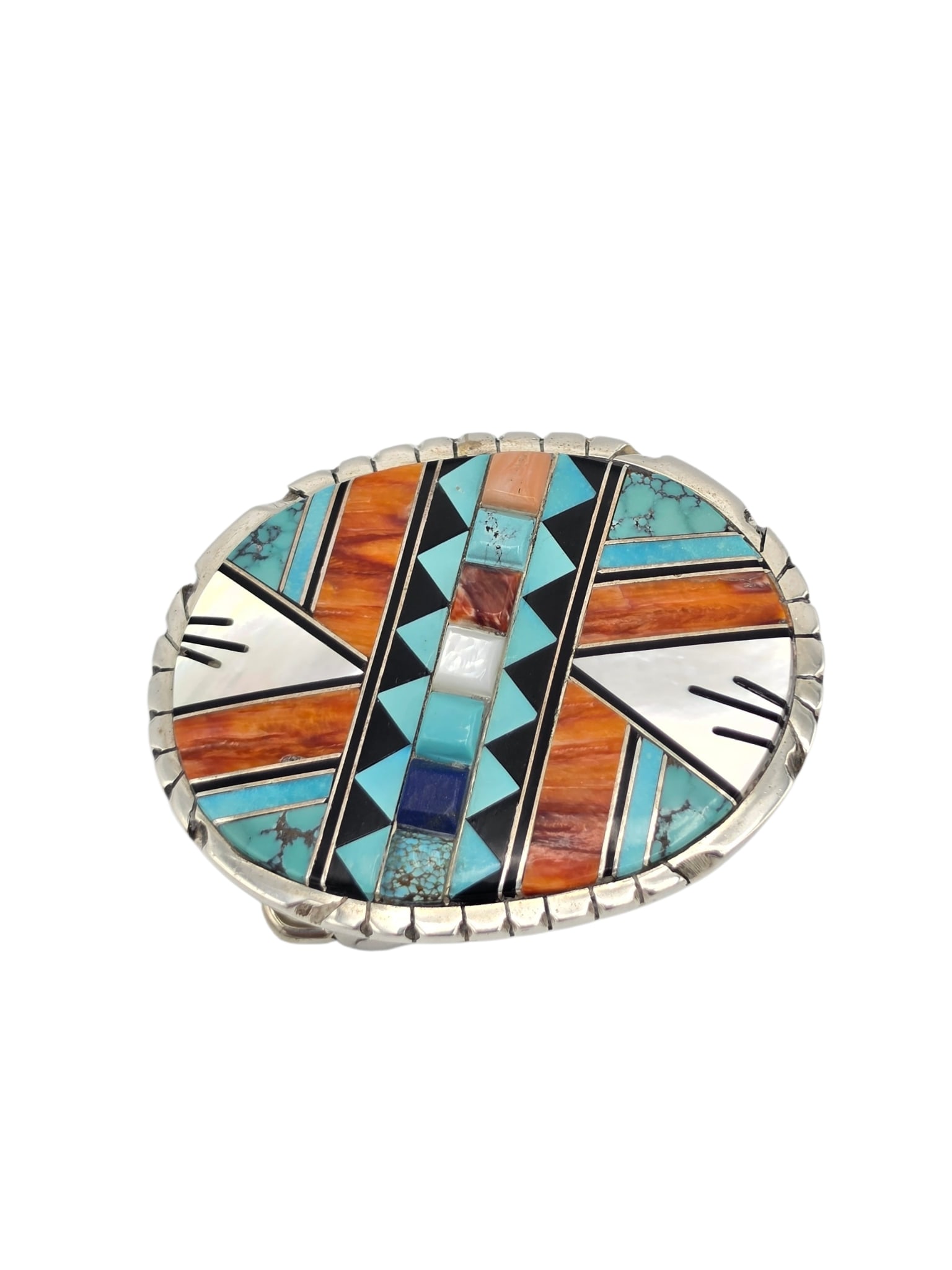 Zuni-Style Multi-Stone, Sterling Silver Belt Buckle: Featuring inlaid turquoise, jet, mother-of-pearl, and spiny oyer shell, bisected by shell, lapis lazuli, turquoise and mother-of-pearl cabochons, set in an oval, sterling silver buckle mounting measur