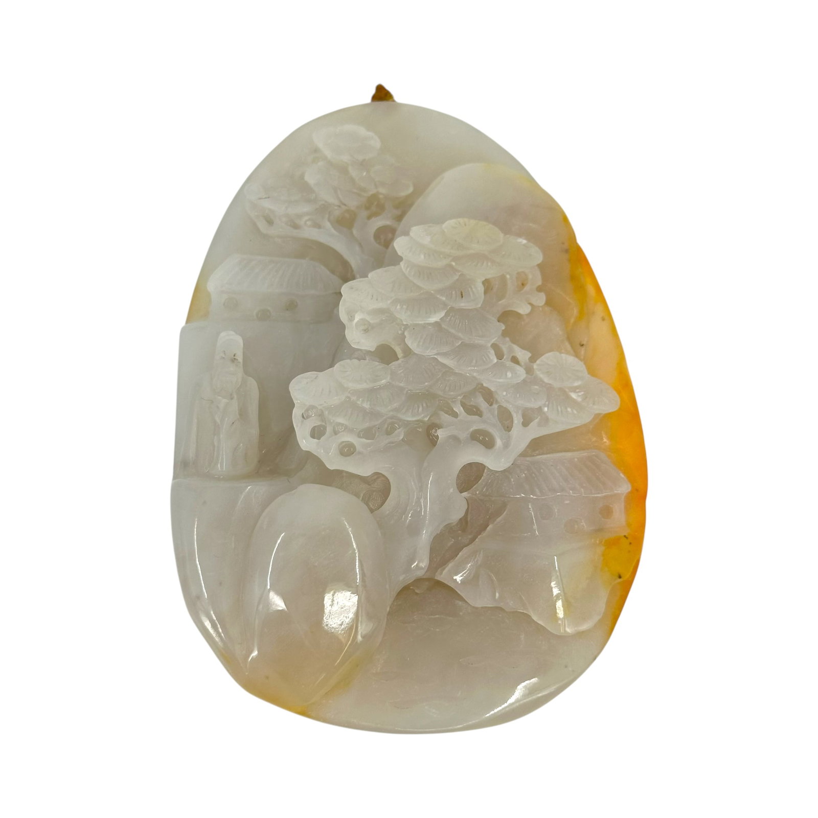 Large Oval Carved Hardstone Pendant: Large oval carved hardstone pendant, carving of a figure by a tree. Lots are sold as-is. Please inquire for any additional details/condition report ideally 48 hours prior to auction. 