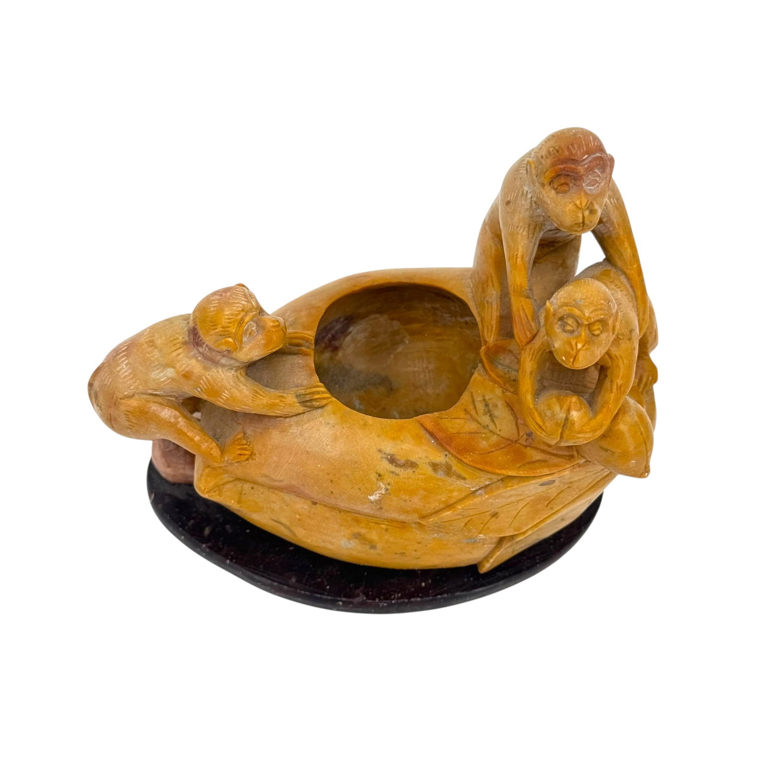 (Lot of 2) Chinese Carved Soapstone Monkey & Peach Vessels: (Lot of) 2 Chinese carved soapstone vessels, likely brush pots, featuring 3 monkeys seated atop a peach, mounted on a wood stand.