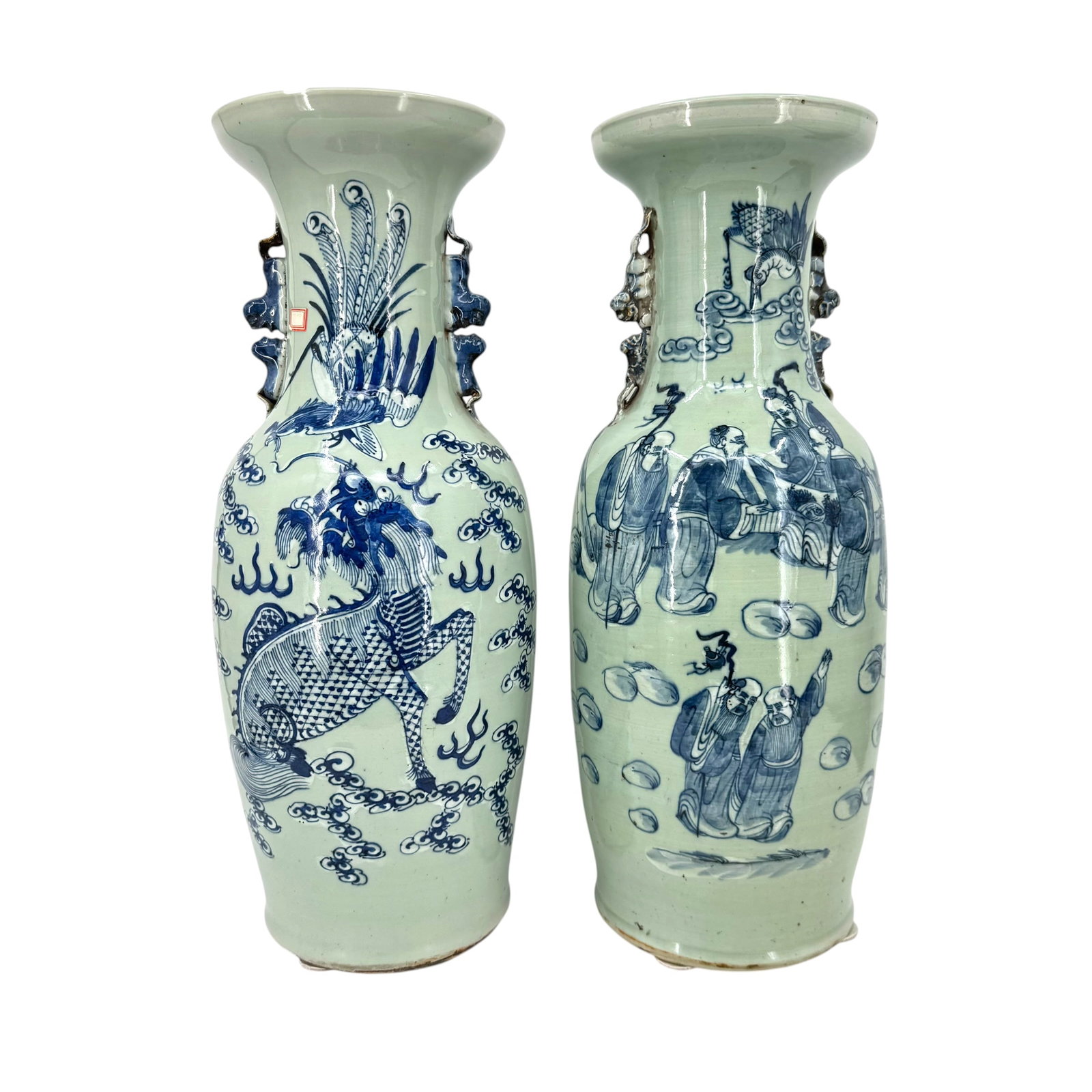Pair of Large Chinese Celadon-Glazed Blue and White Vases: Pair of Chinese celadon-glazed blue and white porcelain vases, one depicting figures in the garden and the other featuring Qilin and a phoenix, baluster-shaped bodies with flared rims, Fu Dog