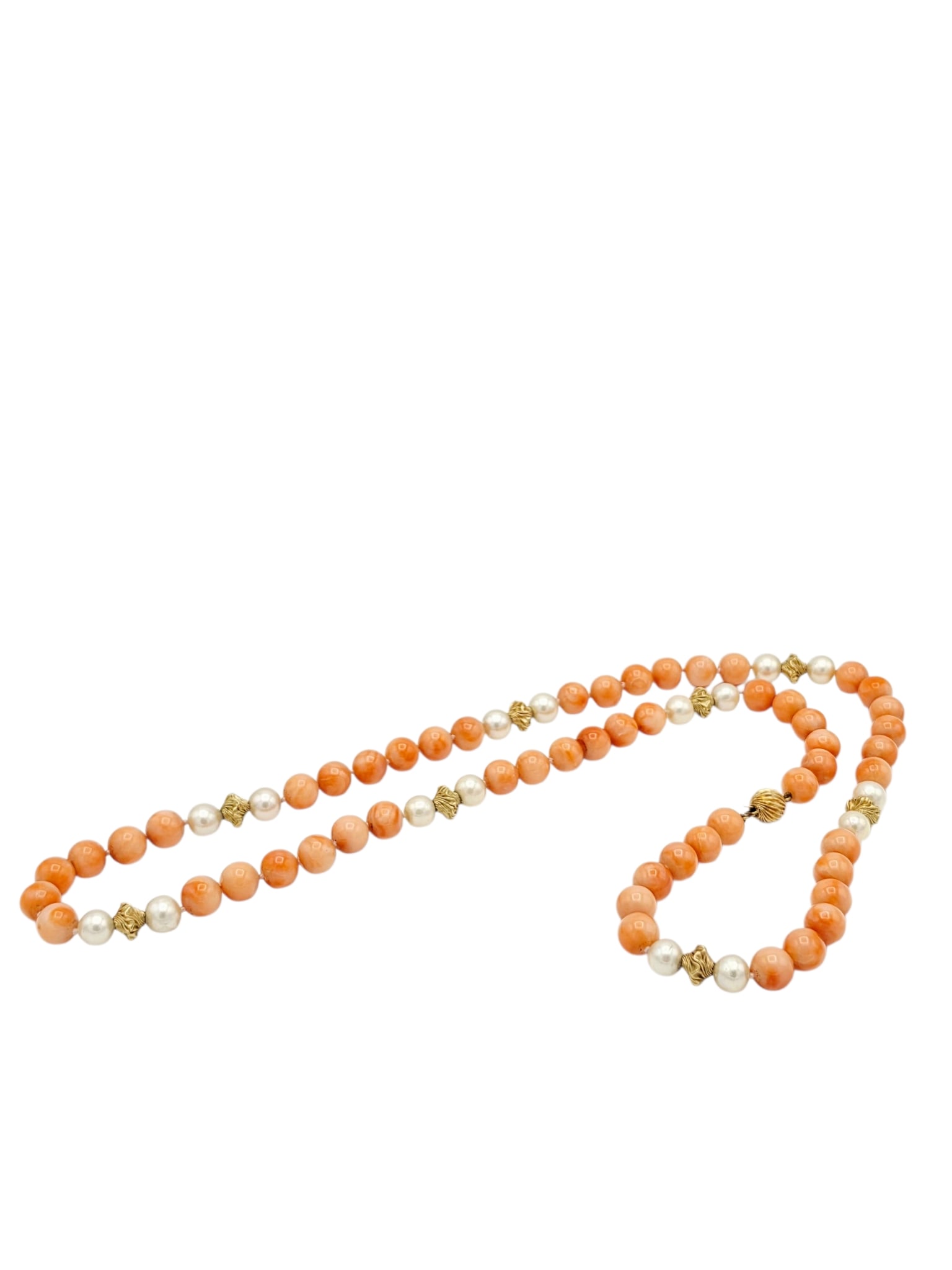 Coral, Cultured Pearl, 14k Yellow Gold Necklace: Composed of fifty-four round coral beads, each measuring approximately 8.7 mm, interspaced by eight 14k yellow gold beads and sixteen round cultured pearls measuring approximately 8.0 to 7.7 mm,