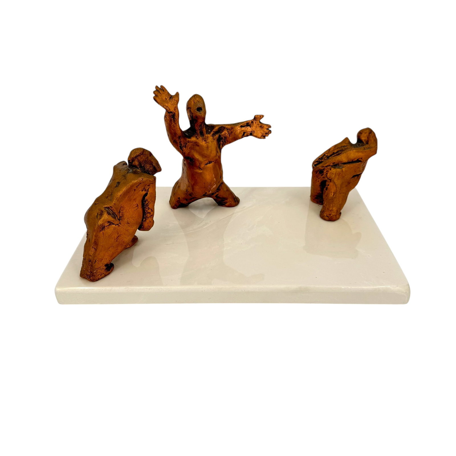 Abstract Mixed Media Sculpture: An abstract mixed media sculpture of what appears to be 3 performers, each figure carved of wood and painted in copper colored paint, standing atop a white resin base, unsigned.