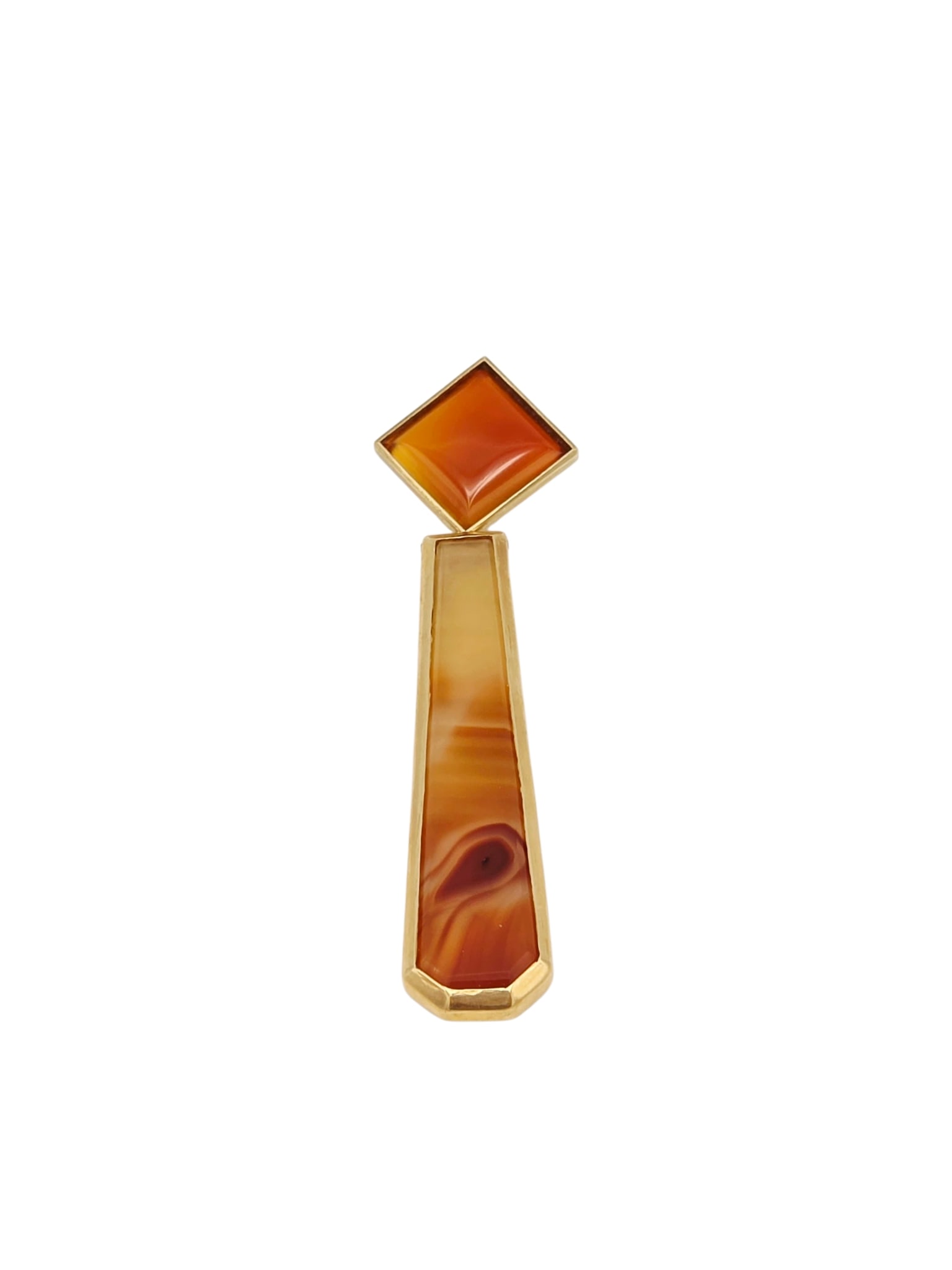 Carnelian Agate, 14k Yellow Gold Pendant: Designed as one square carnelian agate plaque suspending a pendulum-shaped, carnelian agate drop, set in an articulated, 14k yellow gold pendant mounting measuring approximately 2.55 x 0.70 inches.