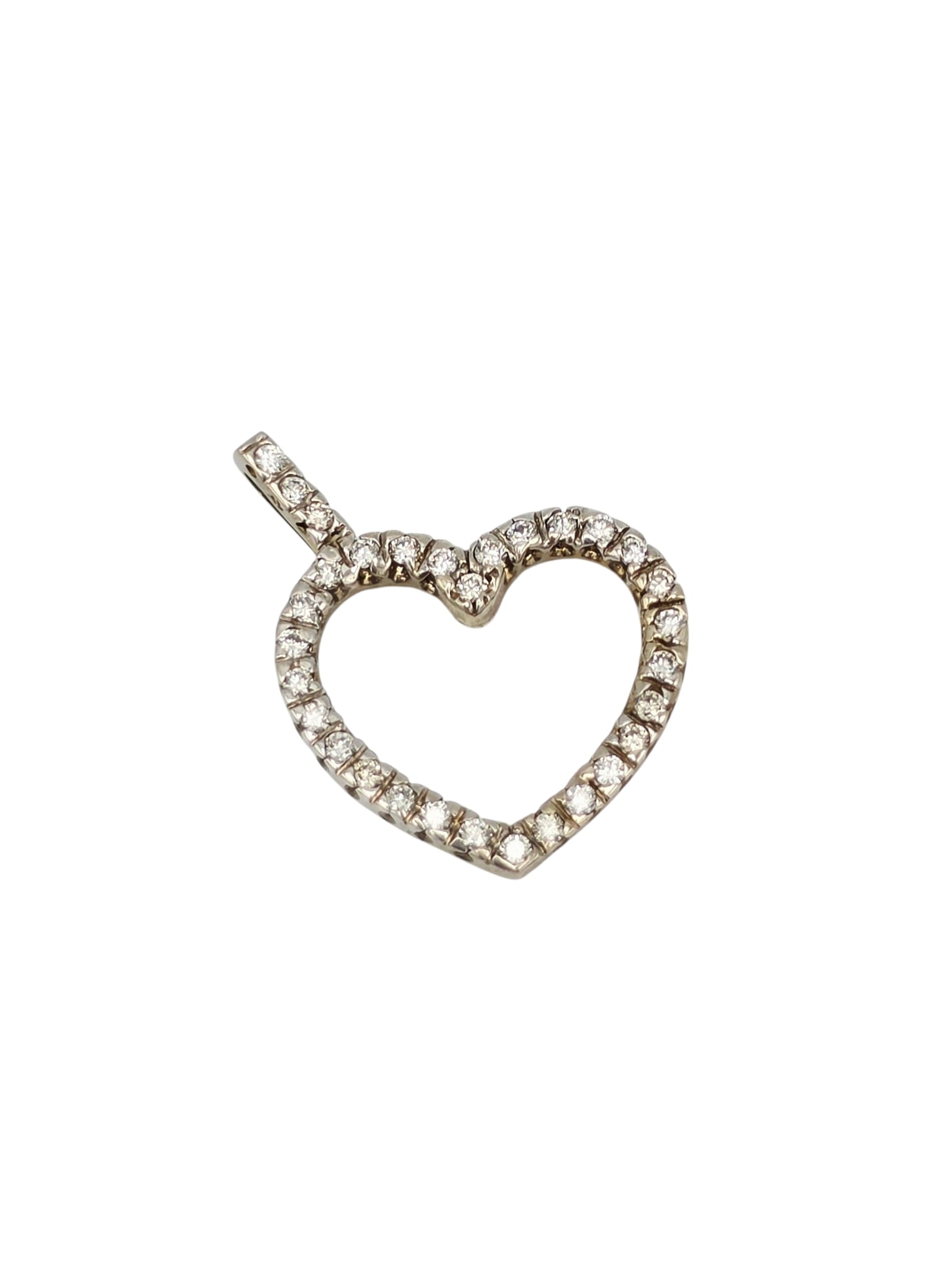 Diamond, 14k White Gold Heart Pendant: Designed as a heart accented by thirty-one round brilliant-cut diamonds weighing a total of approximately 0.60 cttw., set in a 14k white gold pendant mounting measuring approximately 1.05 x 0.80