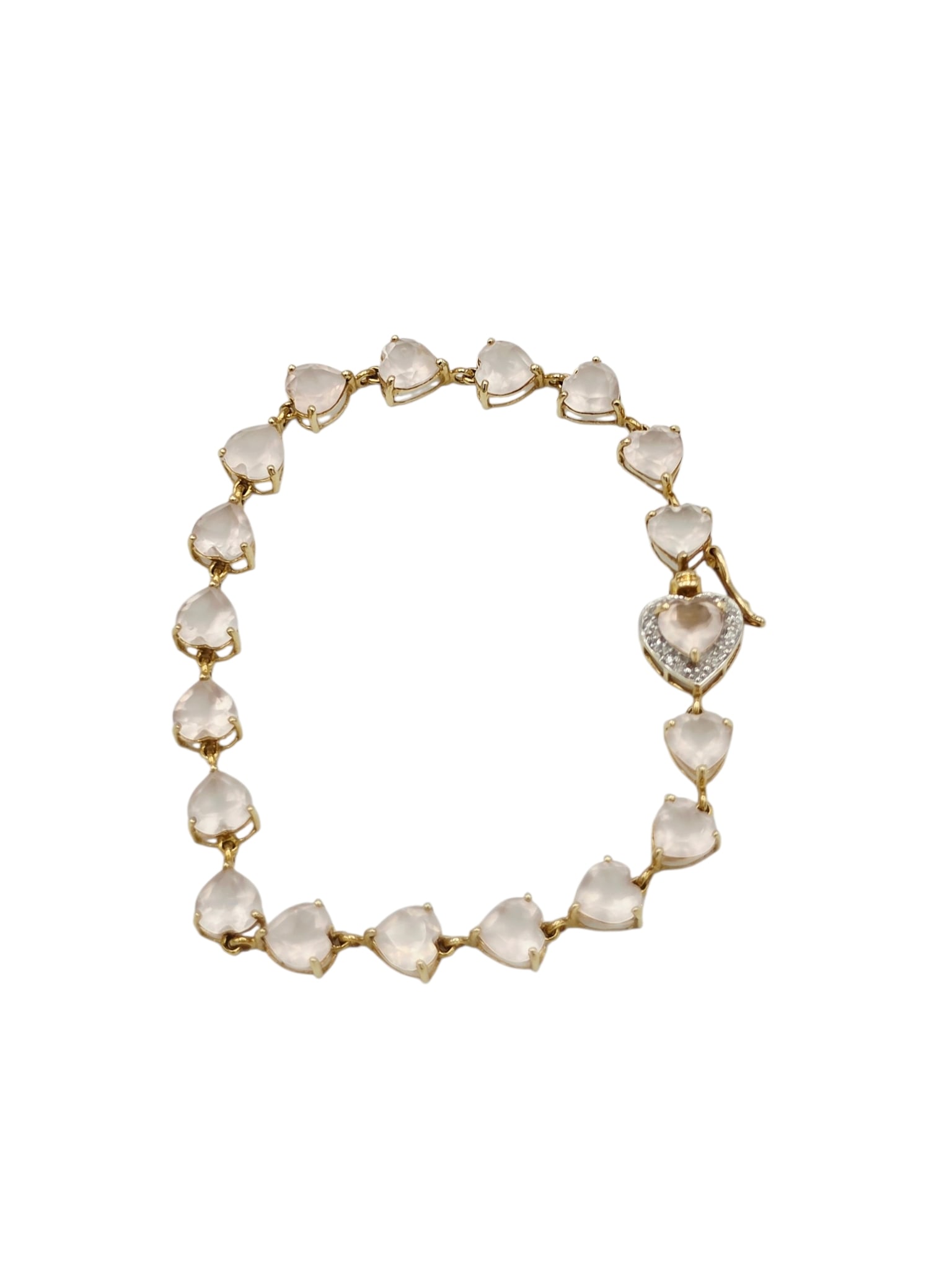 Diamond, Rose Quartz, 14k Yellow Gold Bracelet: Featuring eighteen rose quartz hearts, each measuring approximately 6.06 x 5.54 mm, set in a 14k yellow gold mounting and completed by a clasp featuring one additional rose quartz heart accented by si
