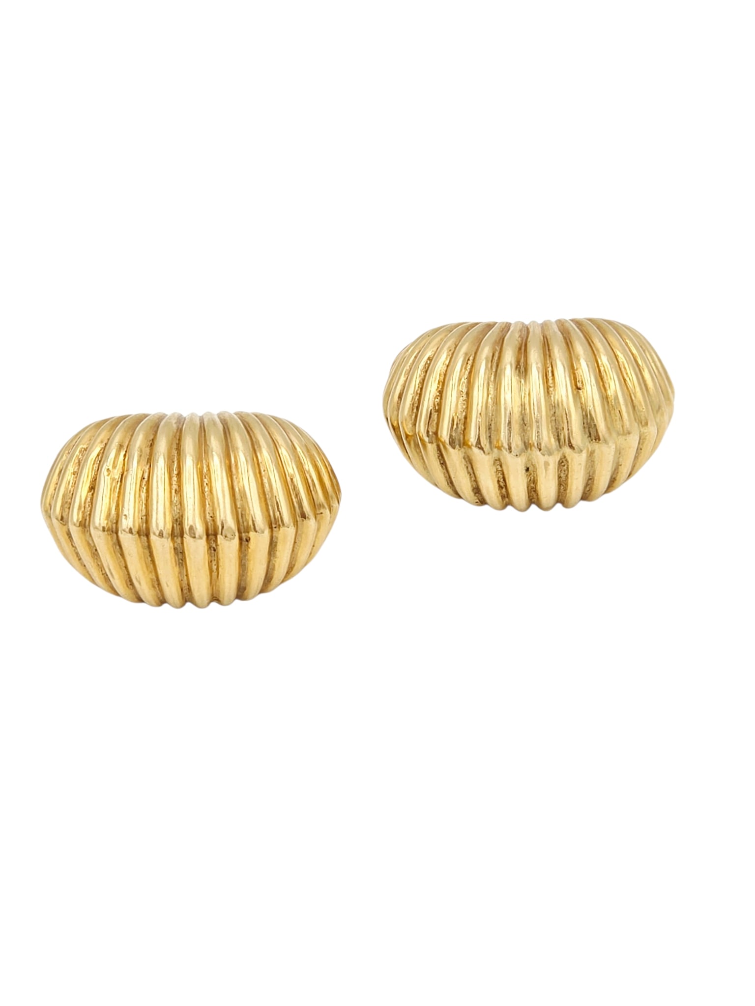 Pair of 14k Yellow Gold Ear Clips: The 14k yellow gold shrimp-style ear clips, each measuring approximately 1.00 x 0.50 inches. Gross weight: 15.6 grams.