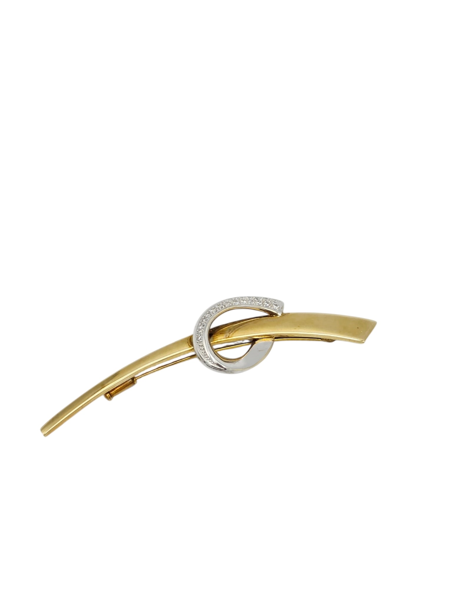 Diamond, 14k Yellow and White Gold Bar Pin:  Featuring twenty-one round brilliant-cut diamonds weighing a total of approximately 0.30 cttw., set in a 14k white and yellow gold pin mounting measuring approximately 2.95 x 0.65 inches. Gross 