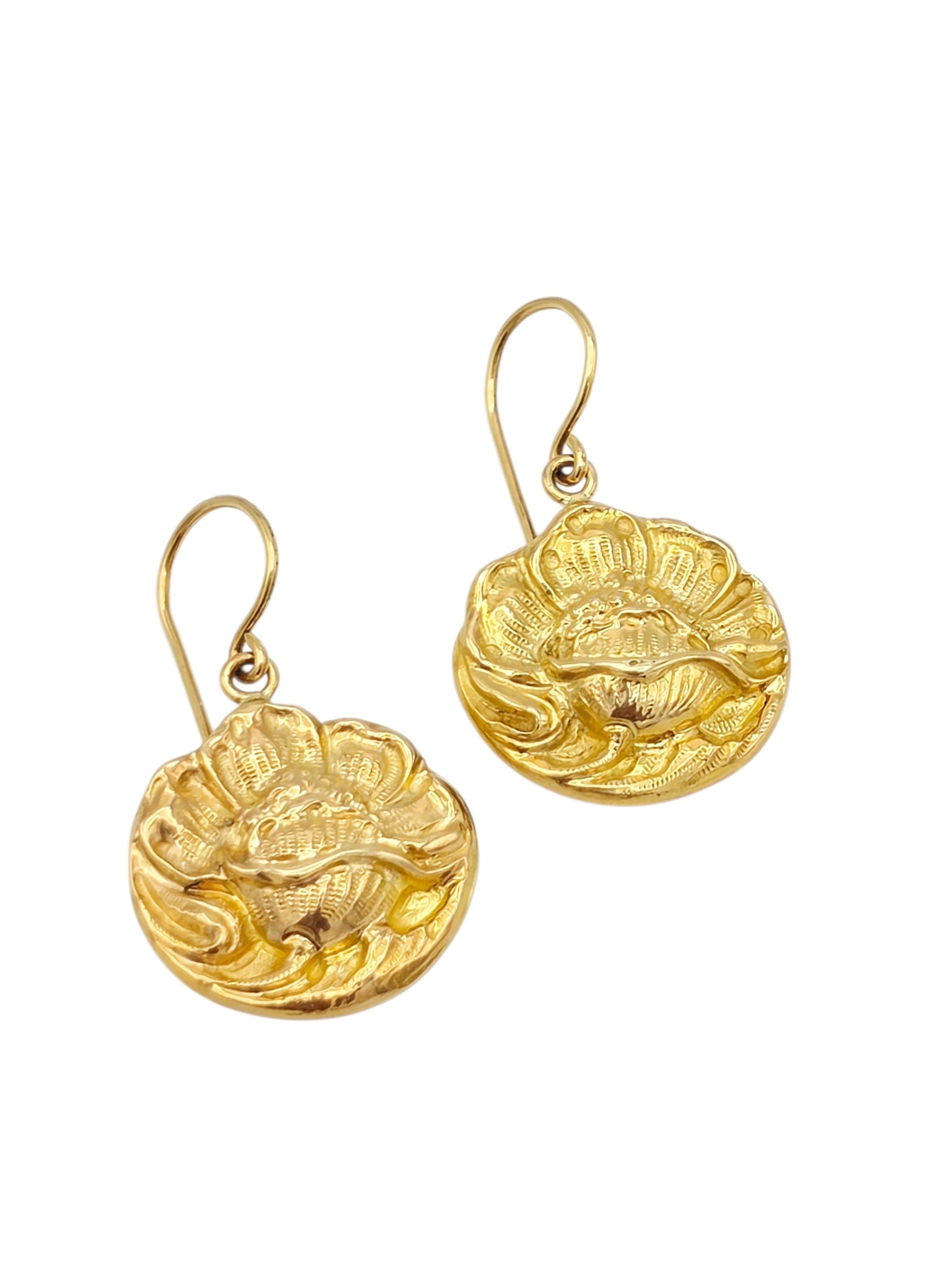 Pair of 14k Yellow Gold Earrings: The 14k yellow gold floral-motif earrings, each measuring approximately 0.80 inches in diameter. Gross weight: 9.2 grams.