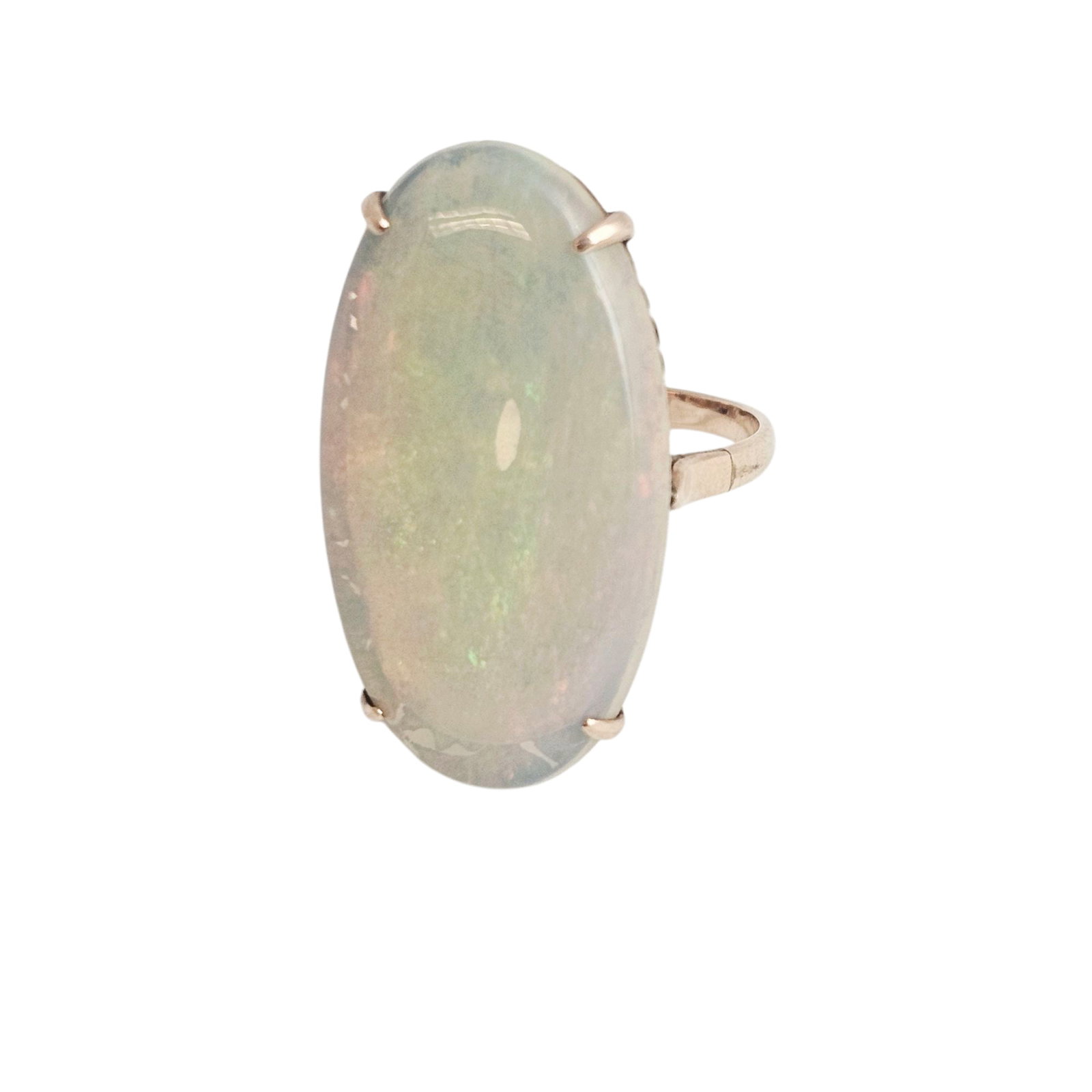 Opal, 14k Yellow Gold Ring: Featuring an oval opal cabochon measuring approximately 32.0 x 18.5 mm, set in a 14k yellow gold ring mounting, size 8 1/2. Gross weight: 7.9 grams. Absence of a condition report does not