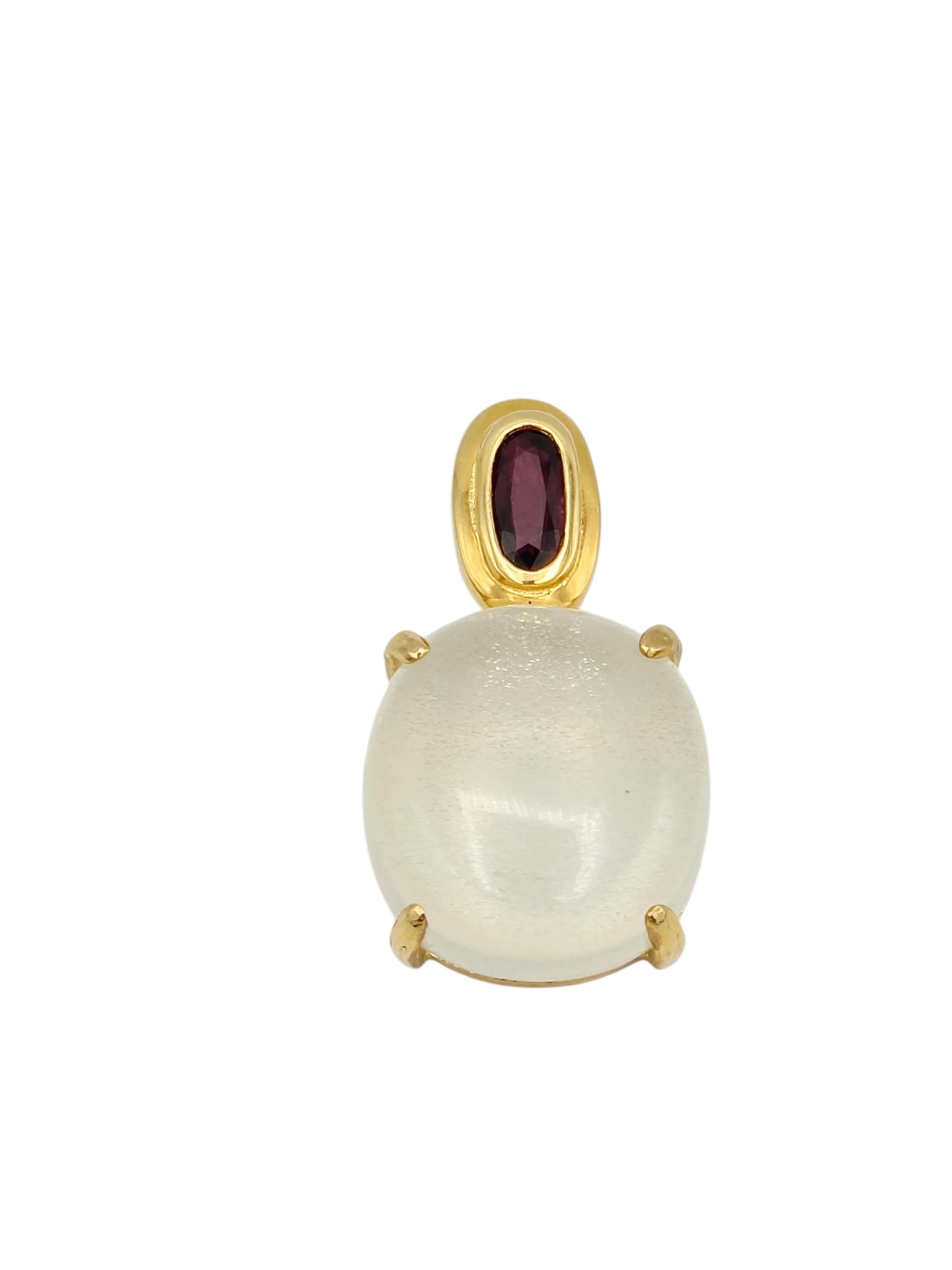 Moonstone, Garnet, 14k Yellow Gold Pendant: Featuring one oval moonstone cabochon measuring approximately 19.79 x 18.75 mm, topped by one oval-cut garnet, set in a 14k yellow gold pendant mounting measuring approximately 1.30 x 0.75 inches.