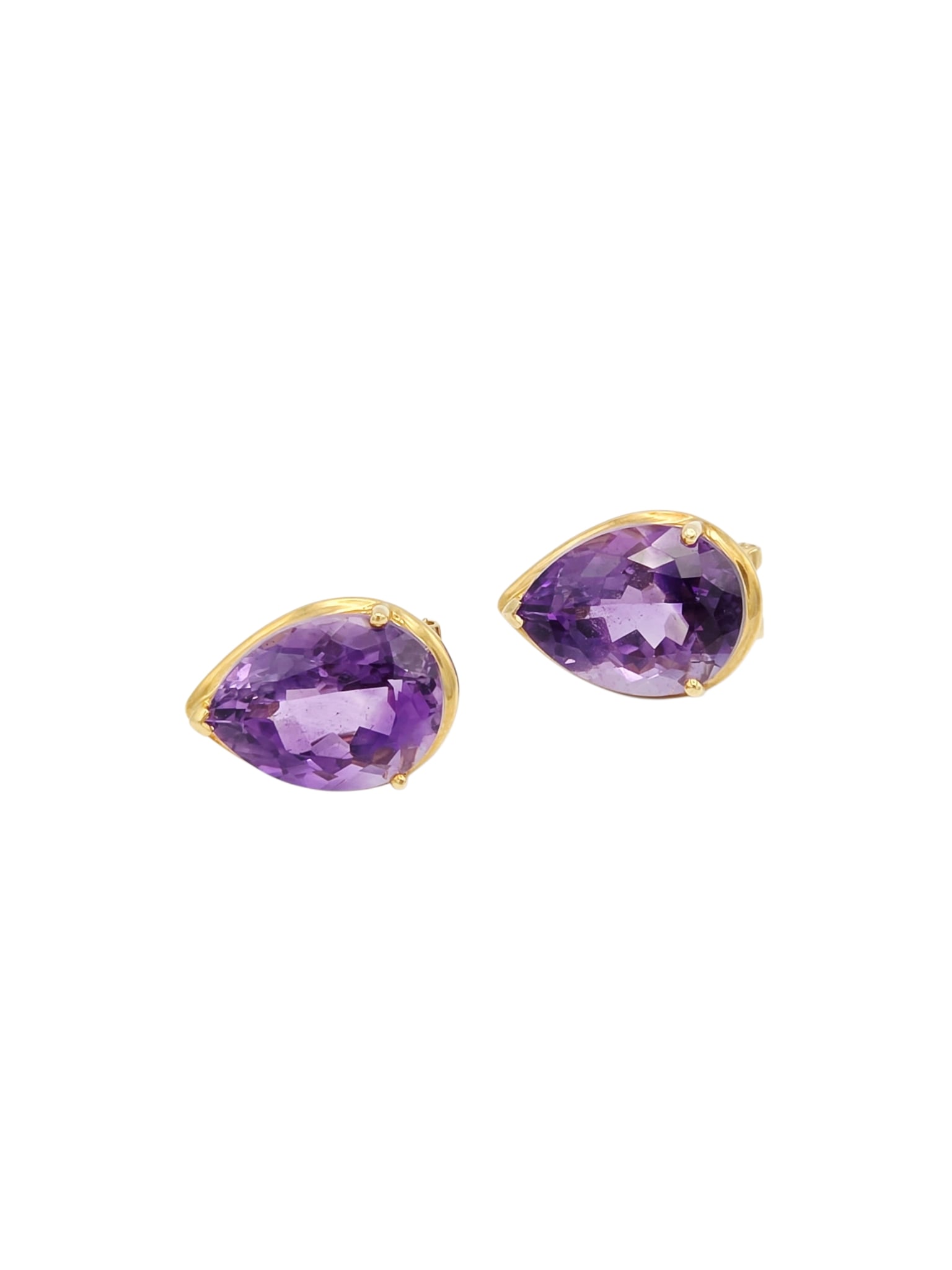 Pair of Amethyst, 14k Yellow Gold Earrings: Each featuring one pear-shape amethyst weighing approximately 7.75 cts., set in a 14k yellow gold post-style earring mounting. Gross weight: 6.5 grams.