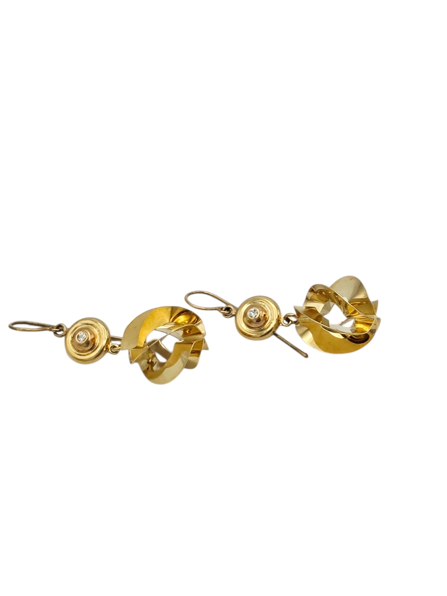 Pair of Diamond, 14k Yellow Gold Earrings: Each featuring one full-cut diamond weighing approximately 0.05 ct.., suspending an openwork drop, forming 14k yellow gold earrings measuring approximately 1.50 x 0.66 inches. Total diamond carat