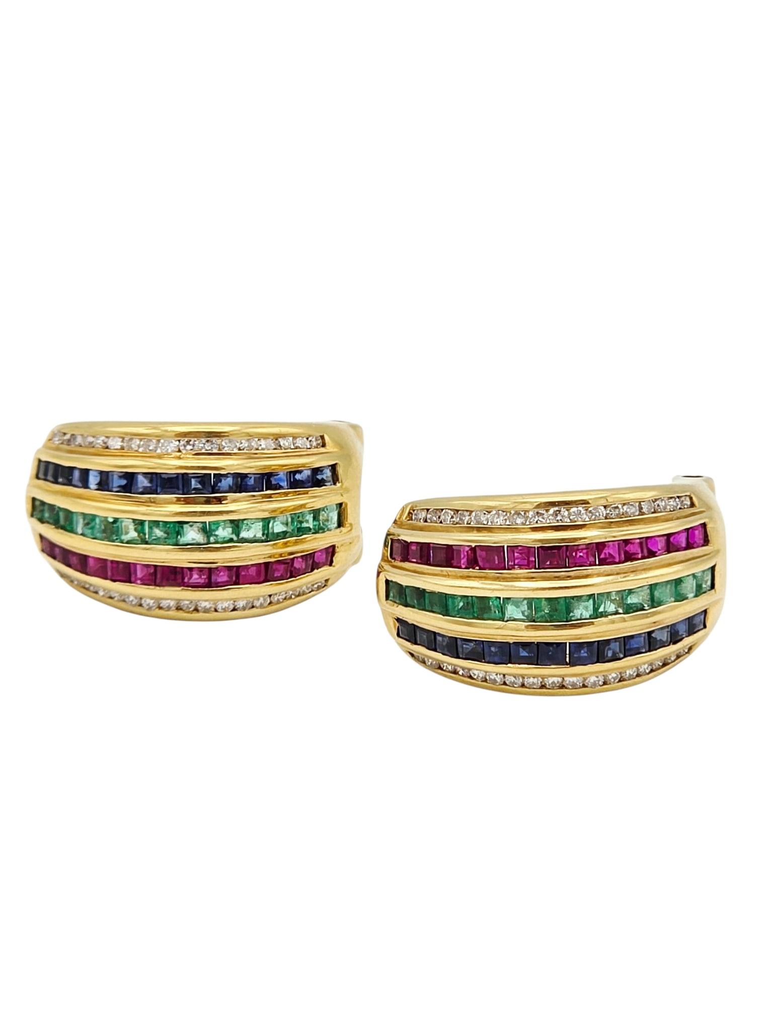Pair of Diamond, Emerald, Ruby, Sapphire, 18k Earrings: Each featuring thirty-four round brilliant-cut diamonds weighing a total of approximately 0.45 ctw., accented by twenty-six square step-cut rubies and sapphires weighing a total of approximately 0.78 