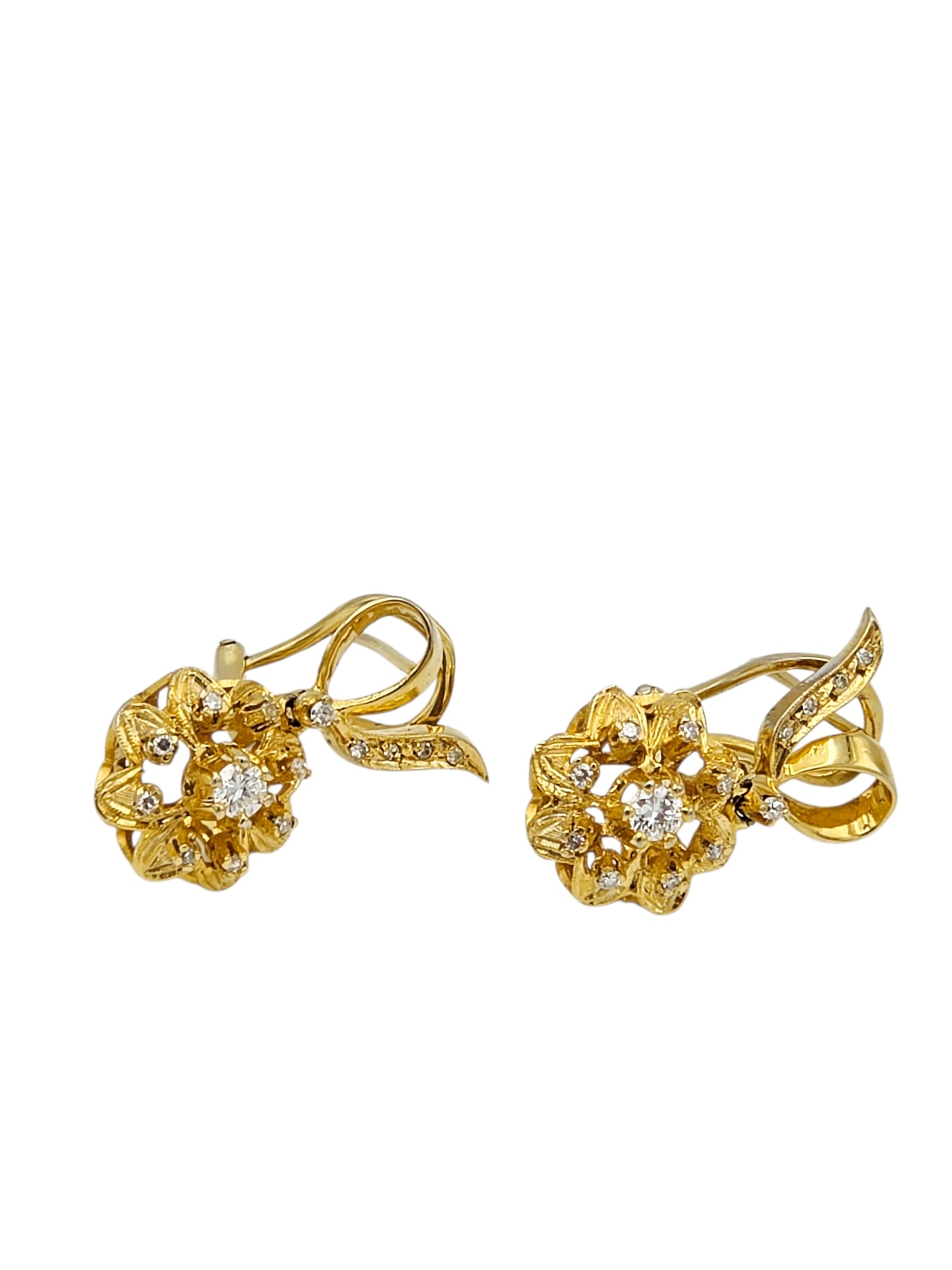 Pair of Diamond, 14k Yellow Gold Earrings: Designed as a flower, each centering one round brilliant-cut diamond accented by thirteen single-cut diamonds weighing a total of approximately 0.25 ctw., set in an articulated, 14k yellow gold e