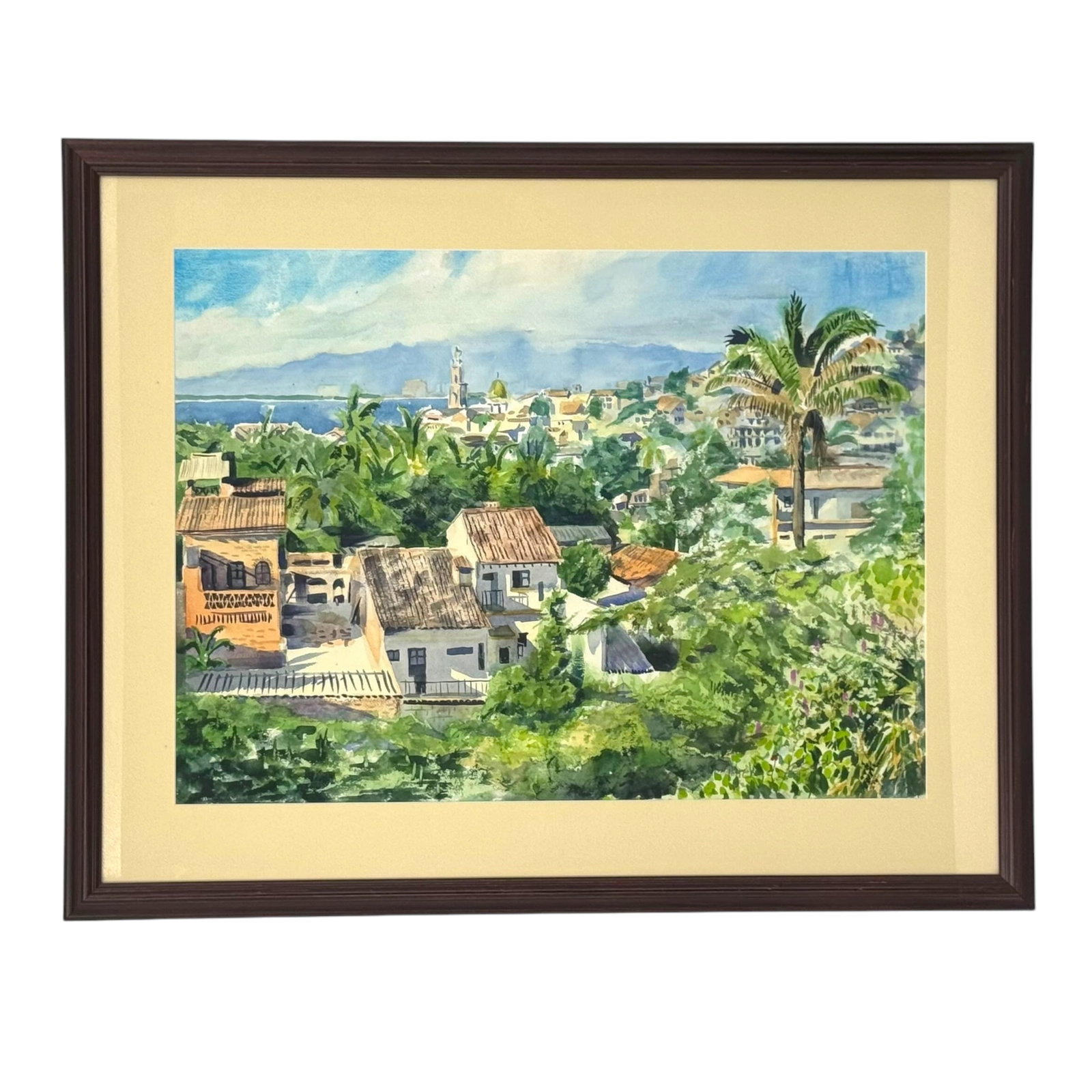 Michael Joseph (1965-2009) Coastal Village Landscape, Watercolor on Paper: Michael Joseph (1965-2009) watercolor on paper of a coastal village landscape, featuring a panoramic view of terracotta roofed buildings among tropical foliage and palm trees with blue water in the ba