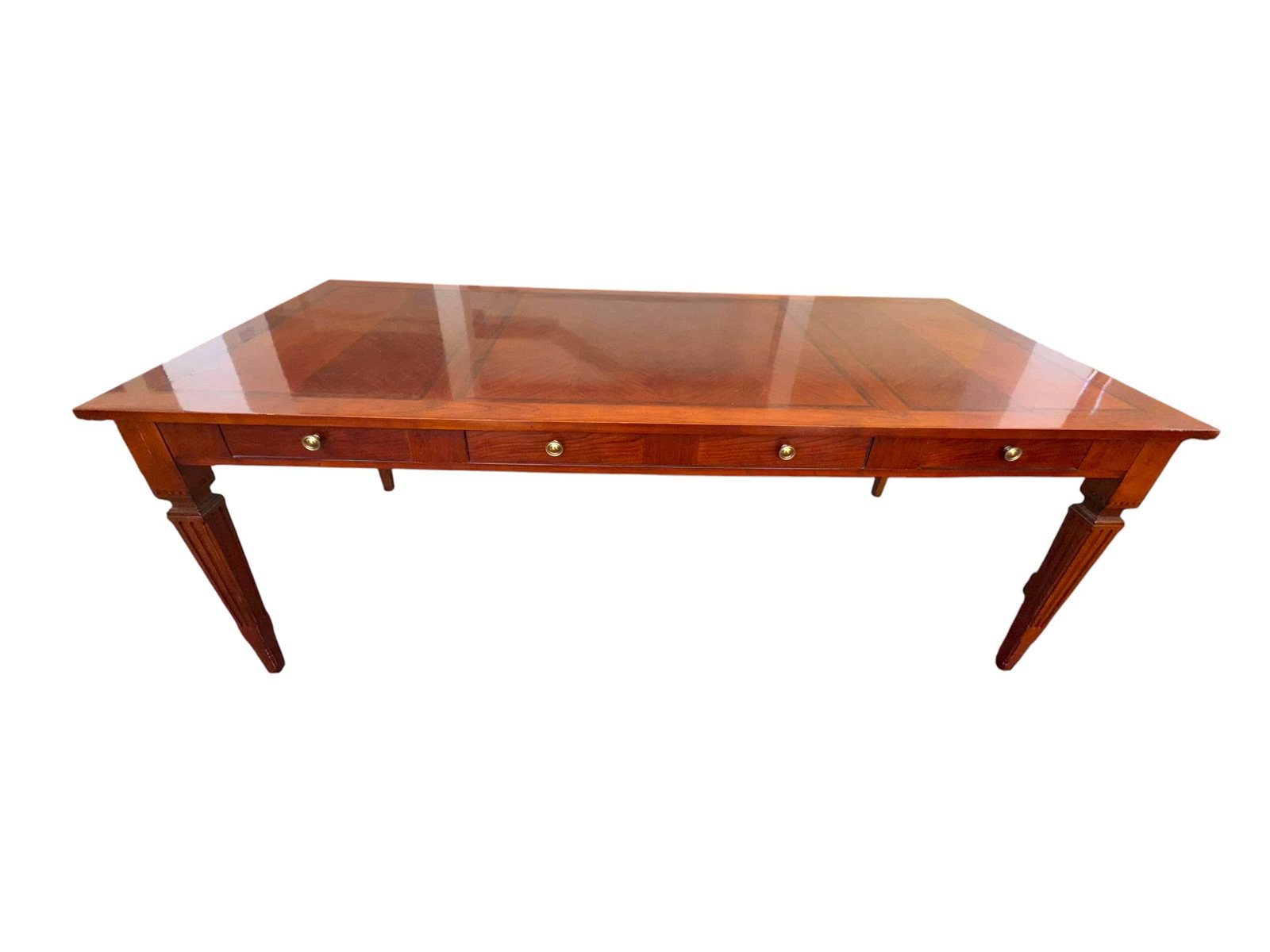 Baker Furniture Mahogany Inlaid Desk: Baker Furniture mahogany inlaid desk, featuring two sets of 3 drawers, functional on both sides, book-matched chevron veneer top, label inside one drawer. Measures approximately 78 in W x 34 in D