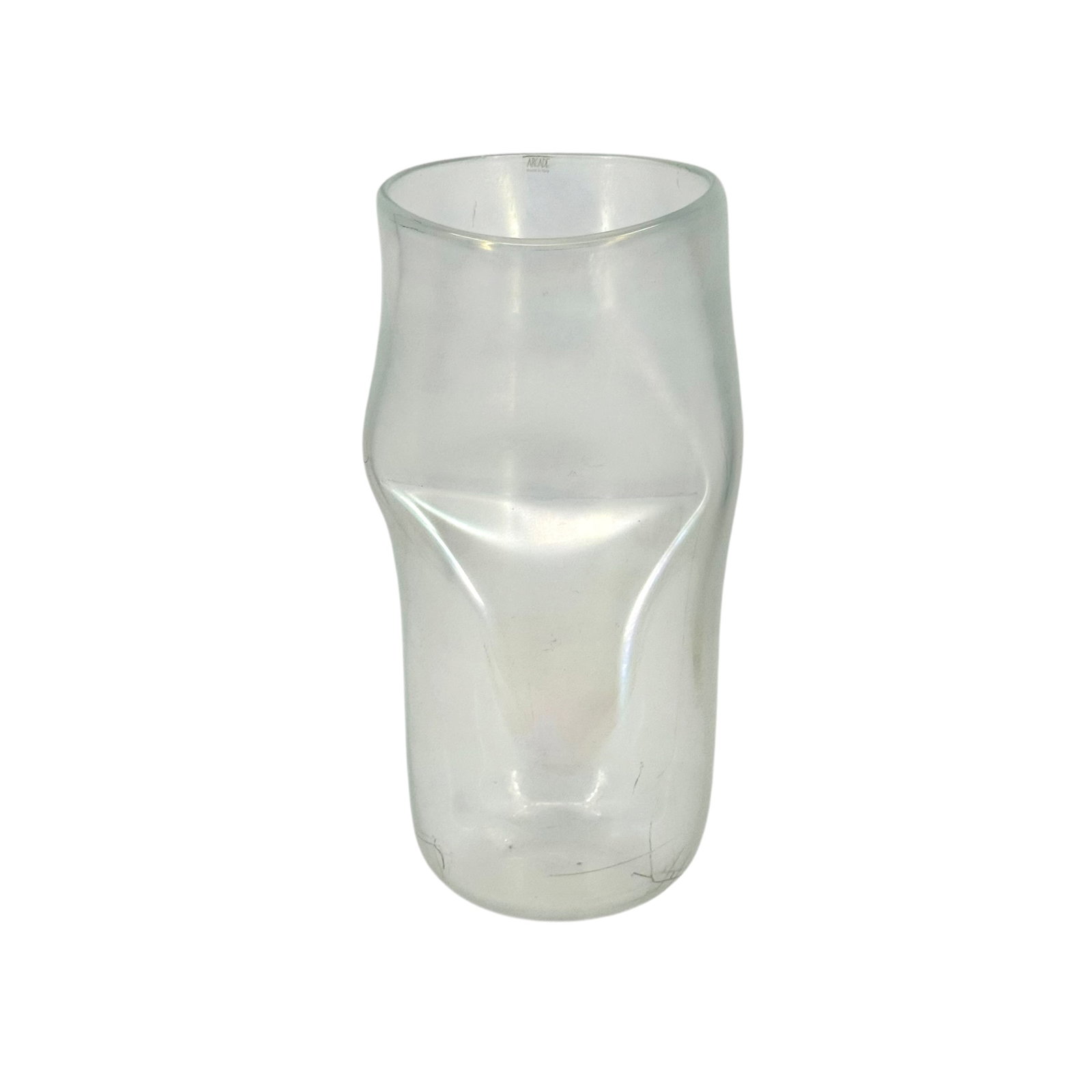 Stefano Gaggero for Arcade Murano Iridescent Glass Vase: Stefano Gaggero for Arcade Murano iridescent glass vase in a tall, cylindrical form with a "pinched" indentation to one side, in a frosted opalescent glaze, signed at base 'ARCADE Stefan