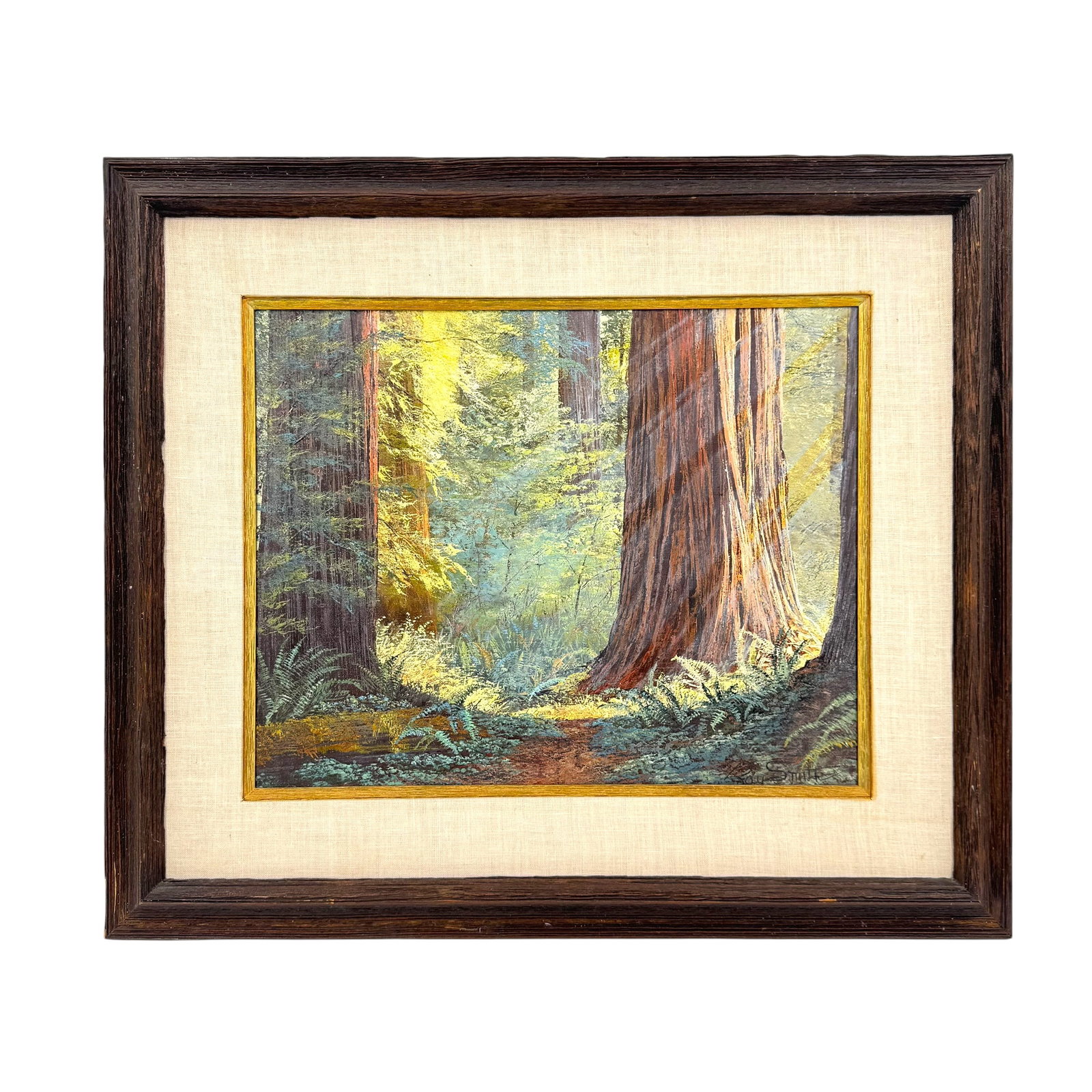 Ray Smith (20th Century) "Light of the Redwoods" Acrylic on Canvas: Ray Smith (20th century) "Light of the Redwoods" acrylic on canvas painting depicting rays of light coming through the redwood forest with two of the redwood trunks and ferns featured promin