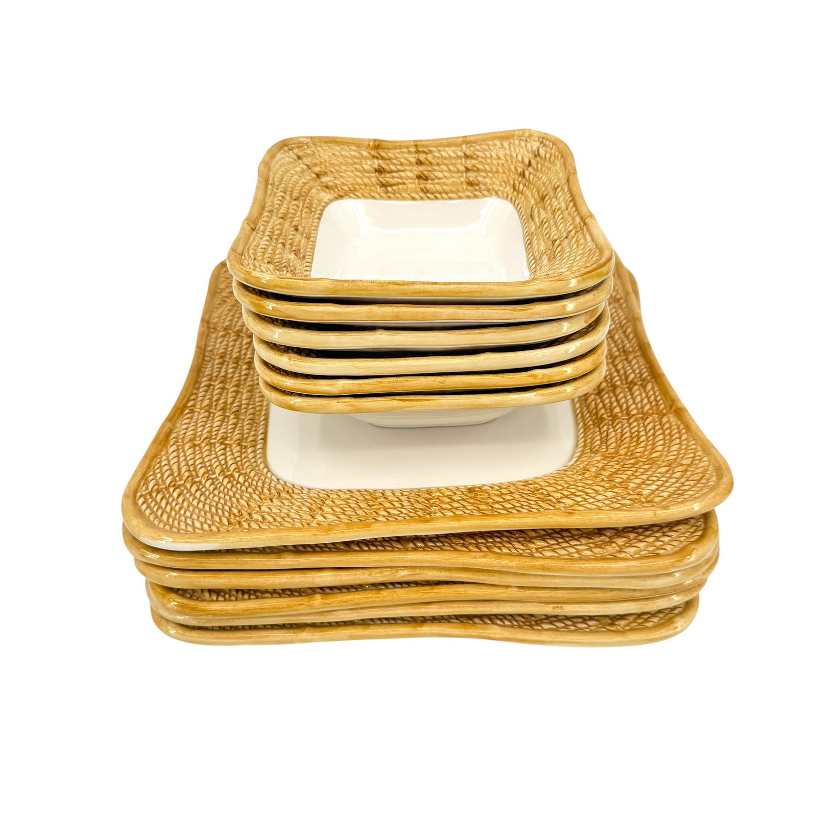 (Lot of) 8 Vietri "Gorizia" Collection Ceramic Set: (Lot of) 8 Vietri "Gorizia" collection dinnerware, including 4 bowls and 4 dinner plates, each featuring a basketweave pattern and signed on the bottom, evoking an al fresco dining experienc