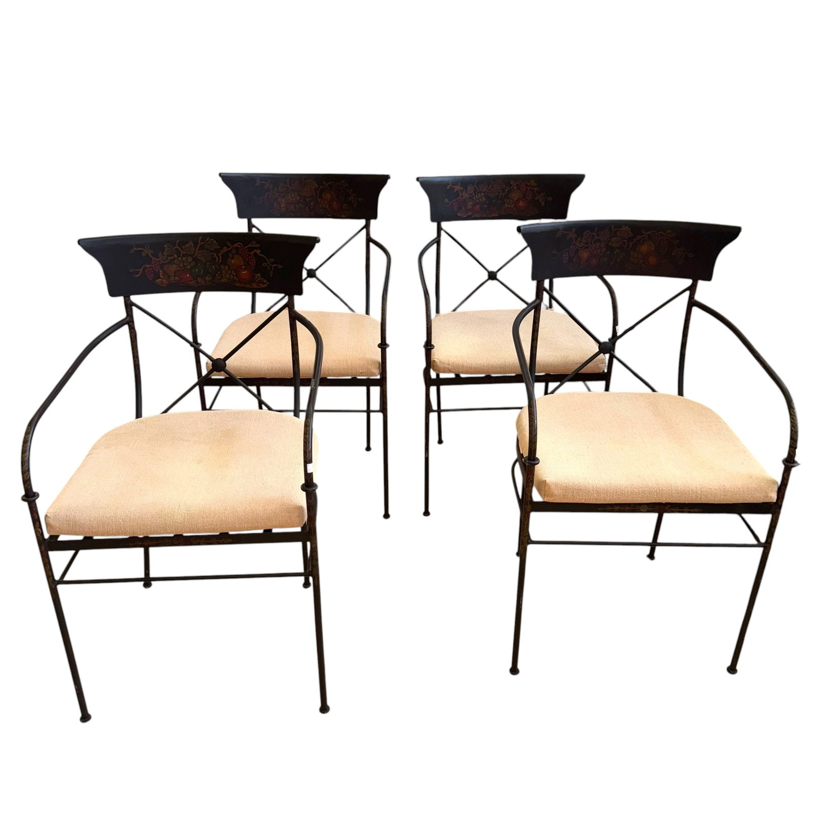 (Lot of) 4 Crate & Barrel Chairs: (Lot of) 4 Crate & Barrel metal armchairs, with fruit motif painted on the back, 'X' back support, measures approximately 20 1/2 in W x 17 in D x 35 in H. 