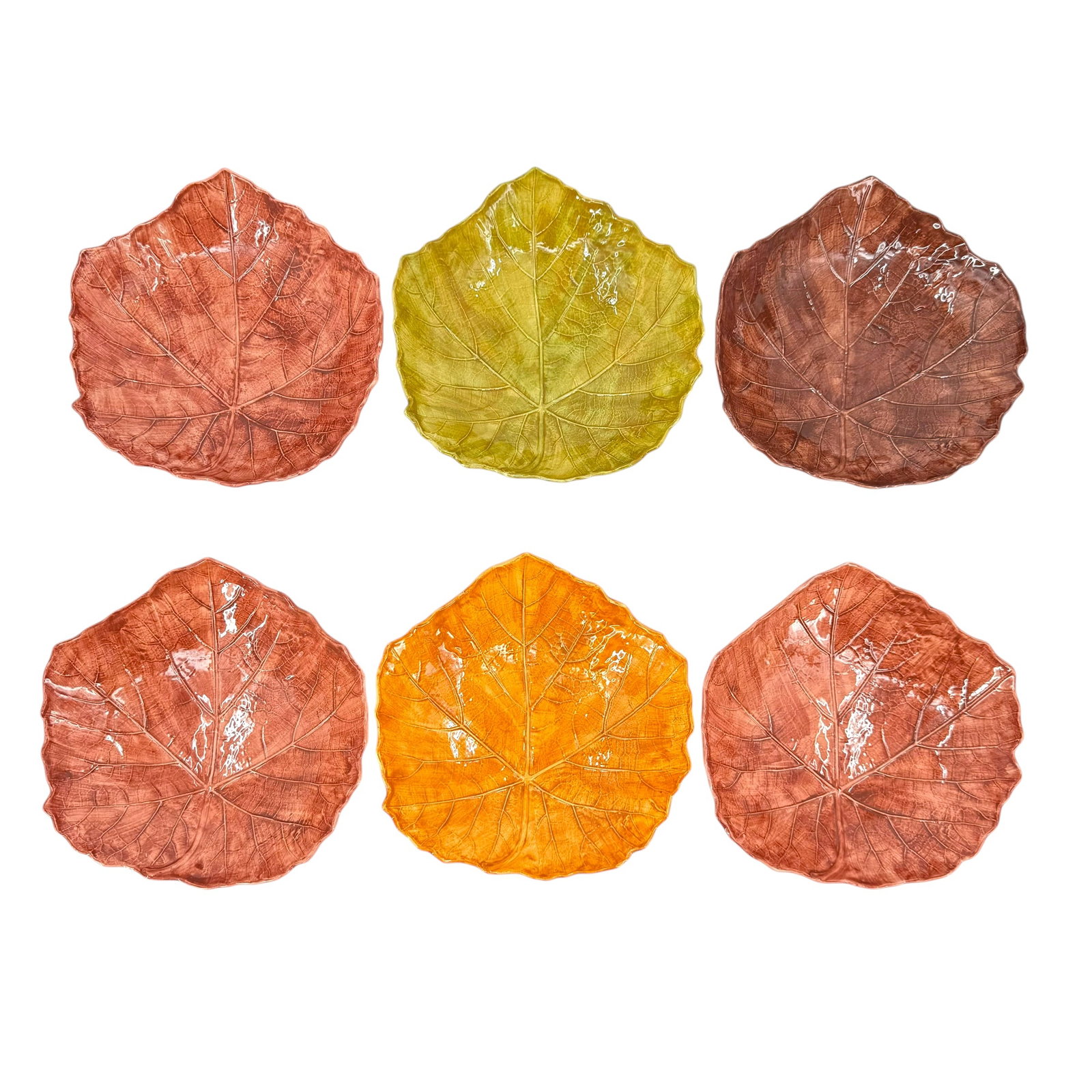 (Lot of) 6 Vietri Italian Ceramic Leaf Bowls: (Lot of) 6 Vietri Italian ceramic leaf shaped bowls in various colors, each featuring a raised leaf pattern, gently curved into a bowl, signed underneath, measuring approximately 9 in D.