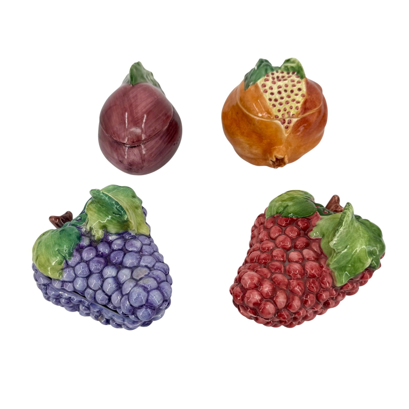 (Lot of) 4 Vietri Italian Ceramic Lidded Fruit & Vegetable Vessels: (Lot of) 4 Vietri Italian ceramic lidded fruit & vegetable vessels, each hand-painted and designed in a fruit motif including one pomegranate, one cluster of purple grapes, one cluster of red