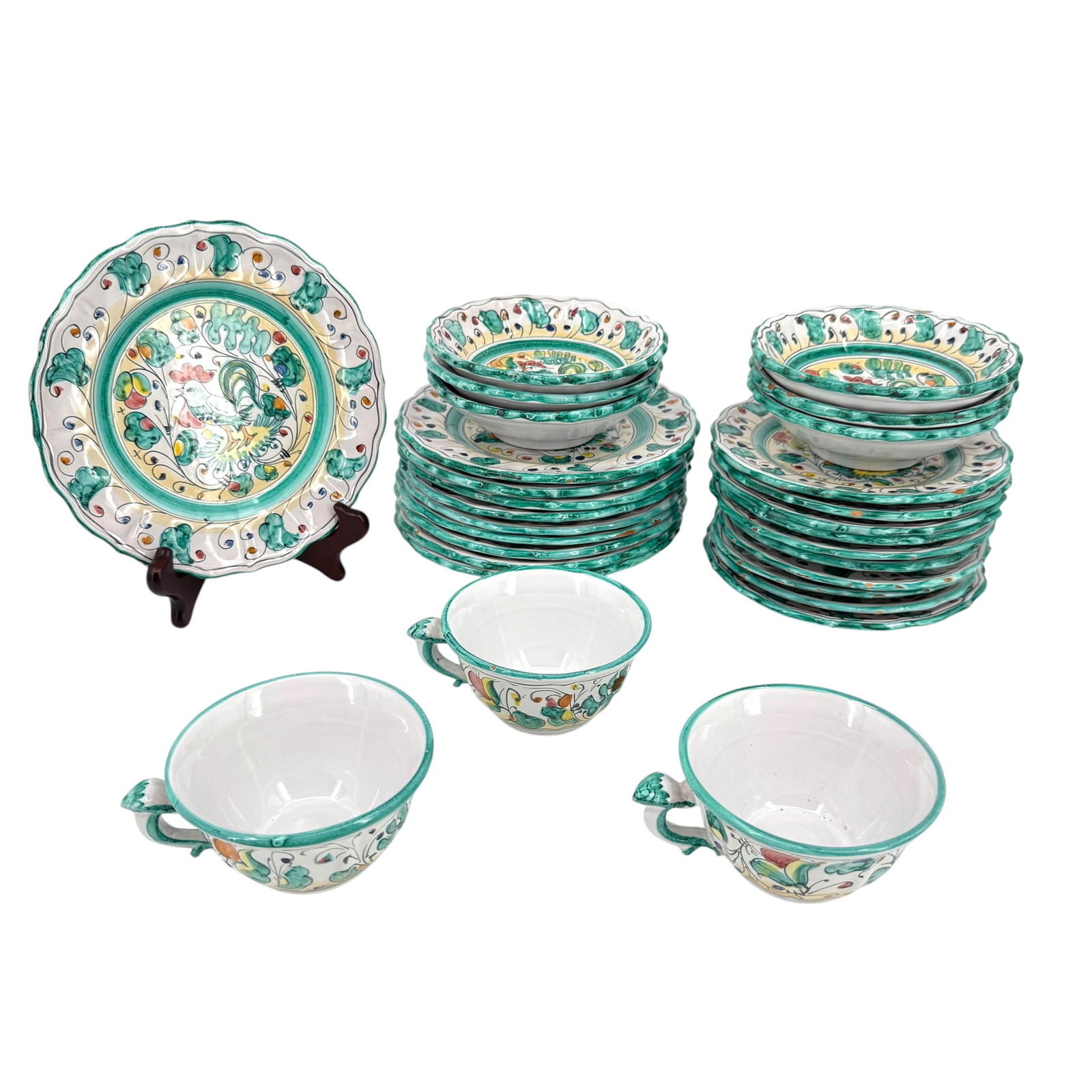(Lot of) 34 Italian Majolica "Rooster" Breakfast Service: (Lot of) 34 Italian Majolica "rooster" breakfast service including 10 small breakfast/salad plates, 10 bread & butter/appetizer plates, 6 fruit/dessert bowls, 3 tea/coffee cups, each fea