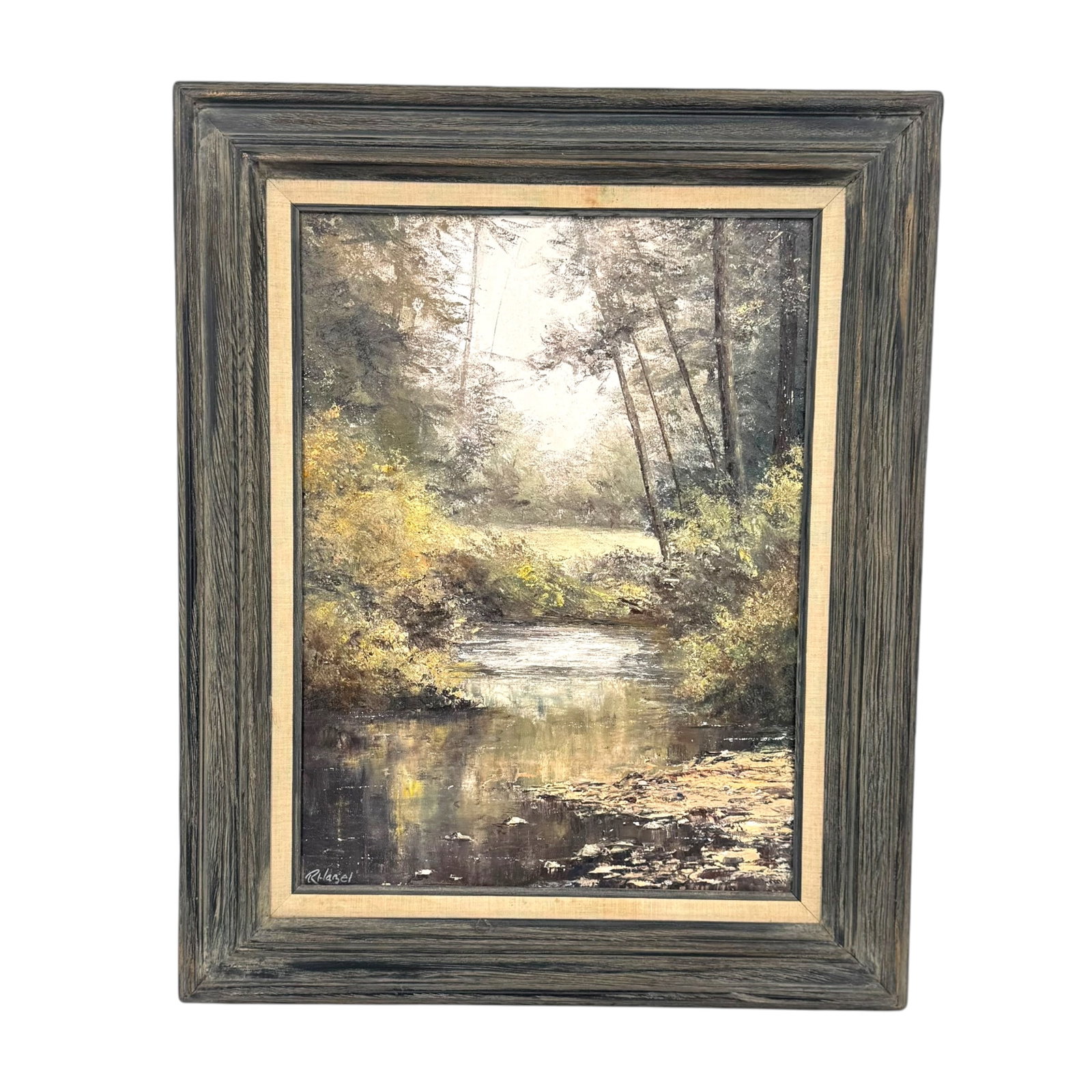 Richard Brian Hazel (American, 1931-2007) Landscape, Acrylic on Canvas: Richard Brian Hazel (American, 1931-2007) landscape, acrylic on canvas, depicting a tranquil river through a forest of trees, signed R. Hazel lower left. Measures approximately (sight) 23 in H x 17