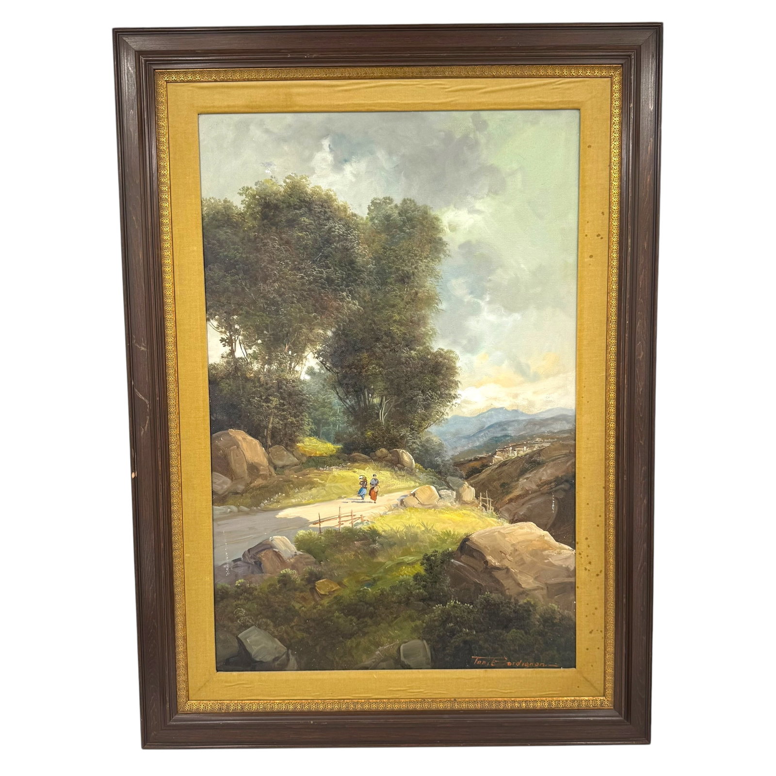 Toni Bordignon (Italian, 1921-1998) Piedmont Landscape, Oil on Canvas: Toni Bordignon (Italian, 1921-1998) Piedmont landscape, oil on canvas, featuring two figures strolling along a hillside road in a mountain valley.