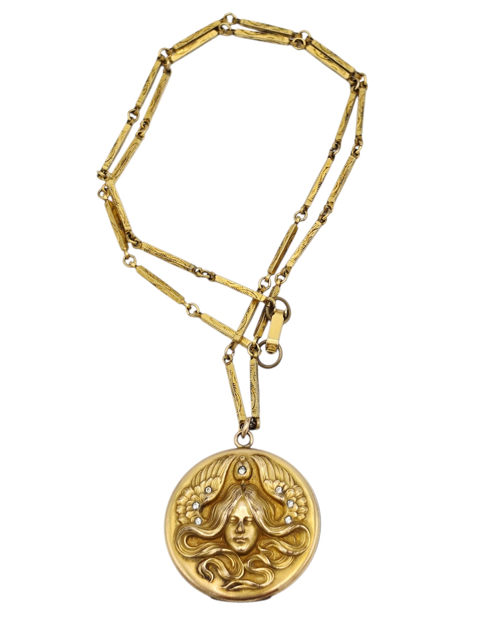 Art Nouveau Gold-Filled Necklace: Featuring a maiden with flowing hair, accented by seven round-cut colorless glass 'stones,' set in a gold-filled locket measuring approximately 1.50 inches, suspended by a gold-filled