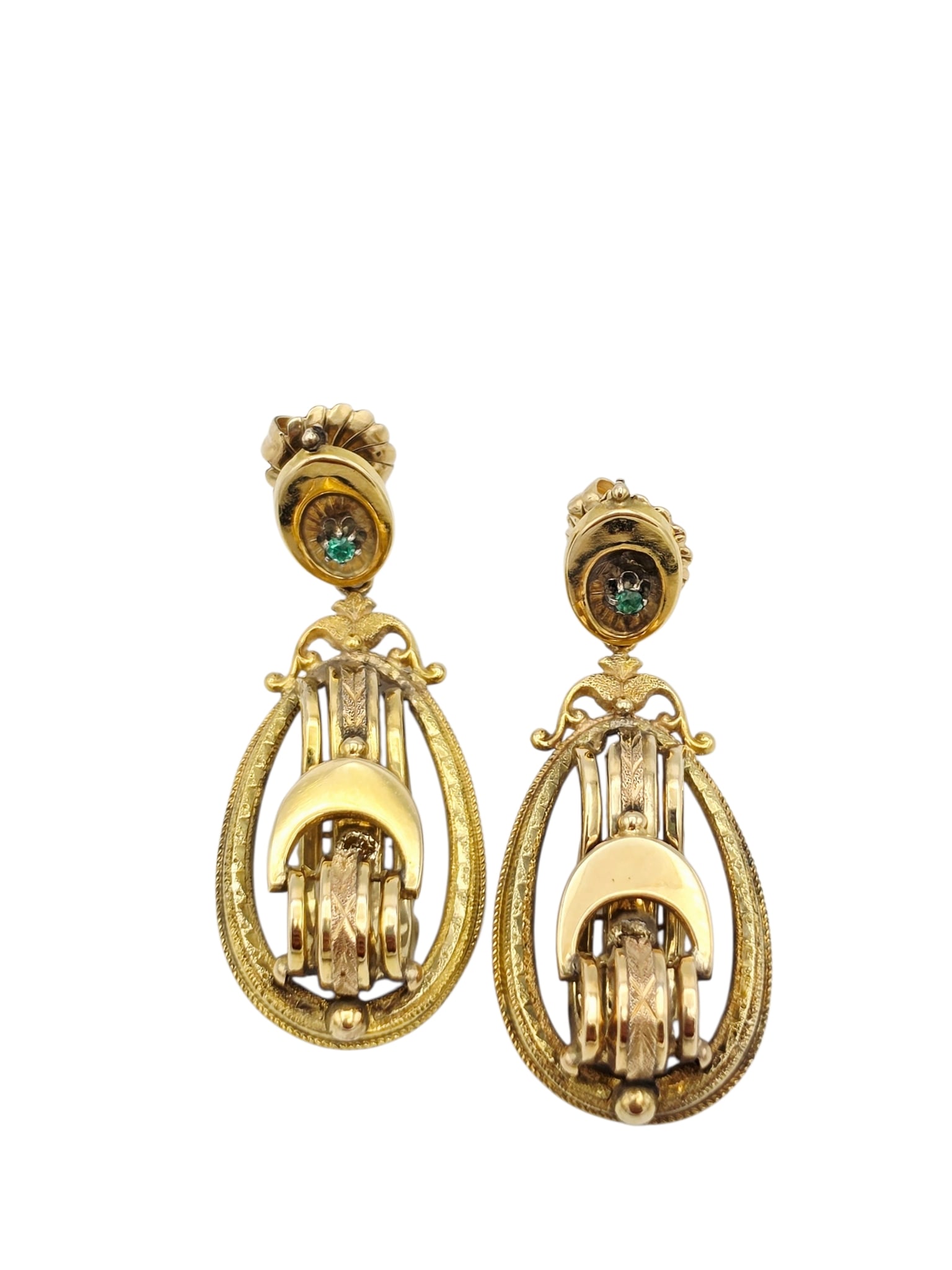 Pair of Victorian Emerald, 14k Earrings: Each featuring one round-cut emerald weighing approximately 0.04 ct., set in an articulated 14k yellow and rose gold earring mounting measuring approximately 1 5/8 inches in length. Total emerald