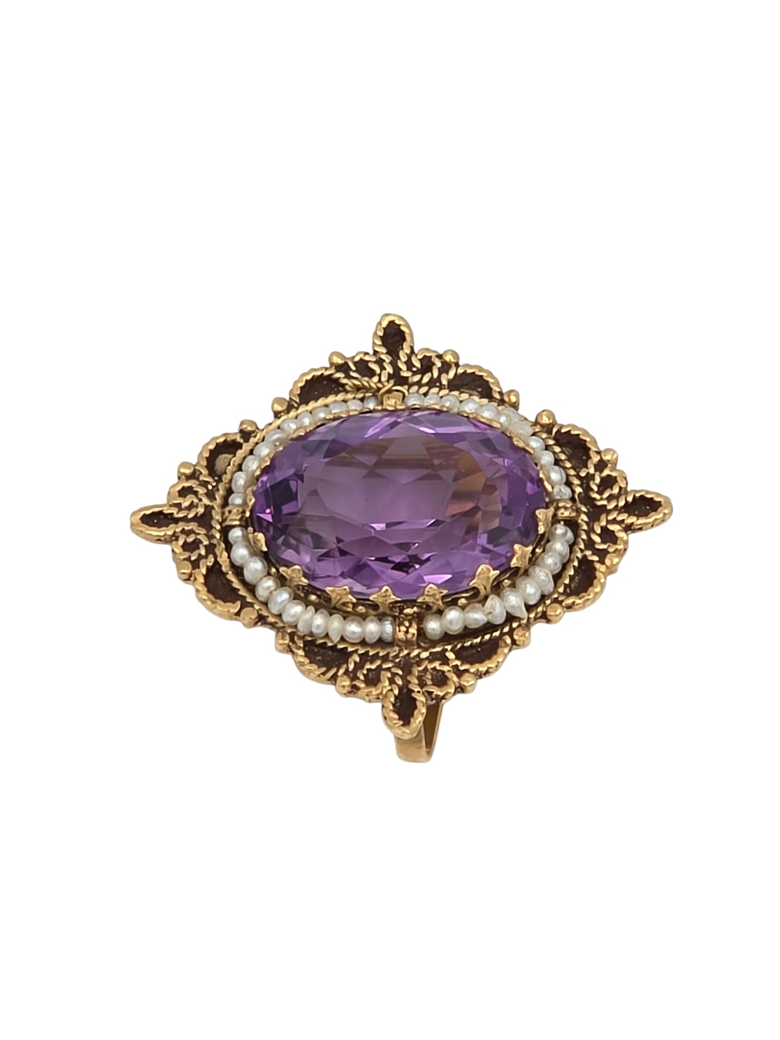 Amethyst, Seed Pearl, 14k Watch Pin: Centering an oval-cut amethyst weighing approximately 12.60 cts., framed by numerous seed pearls, set in a 14k yellow gold watch pin mounting measuring approximately 1.35 x 1.20 inches. Gross weight: 